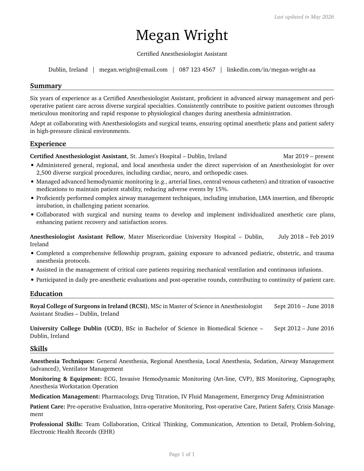 Anesthesiologist Assistants CV in English — page 1