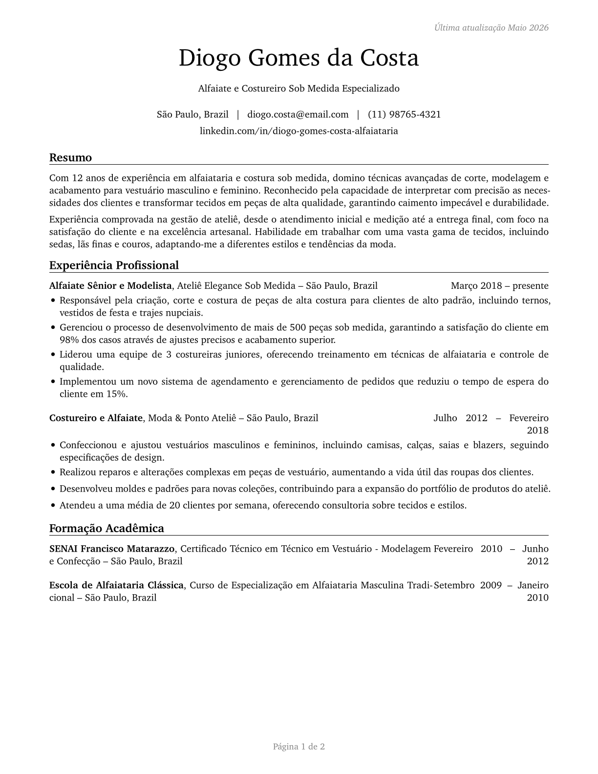 Tailors, Dressmakers, and Custom Sewers CV in Portuguese — page 1