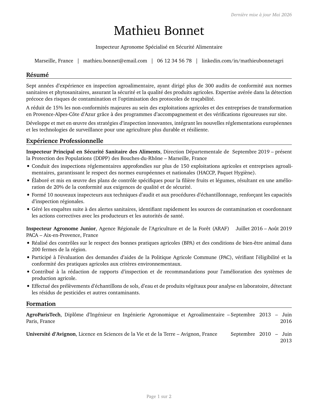 Agricultural Inspectors CV in French — page 1