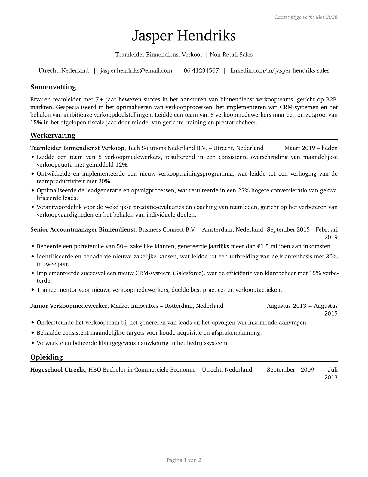 First-Line Supervisors of Non-Retail Sales Workers CV in Dutch — page 1