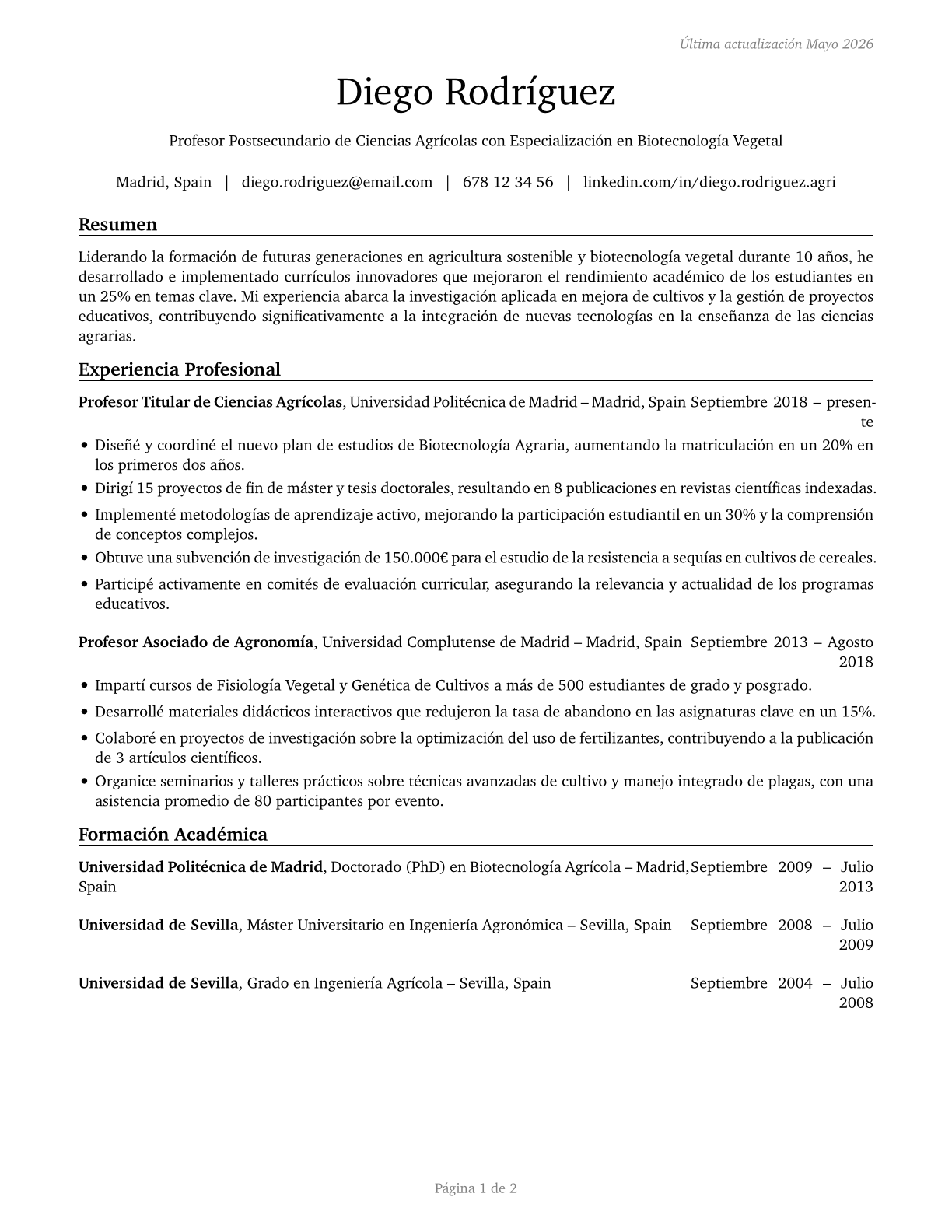 Agricultural Sciences Teachers, Postsecondary CV in Spanish — page 1