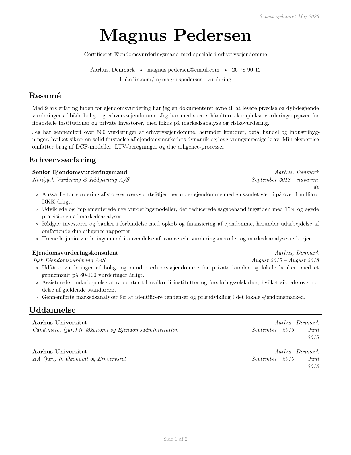 Appraisers and Assessors of Real Estate CV in Danish — page 1