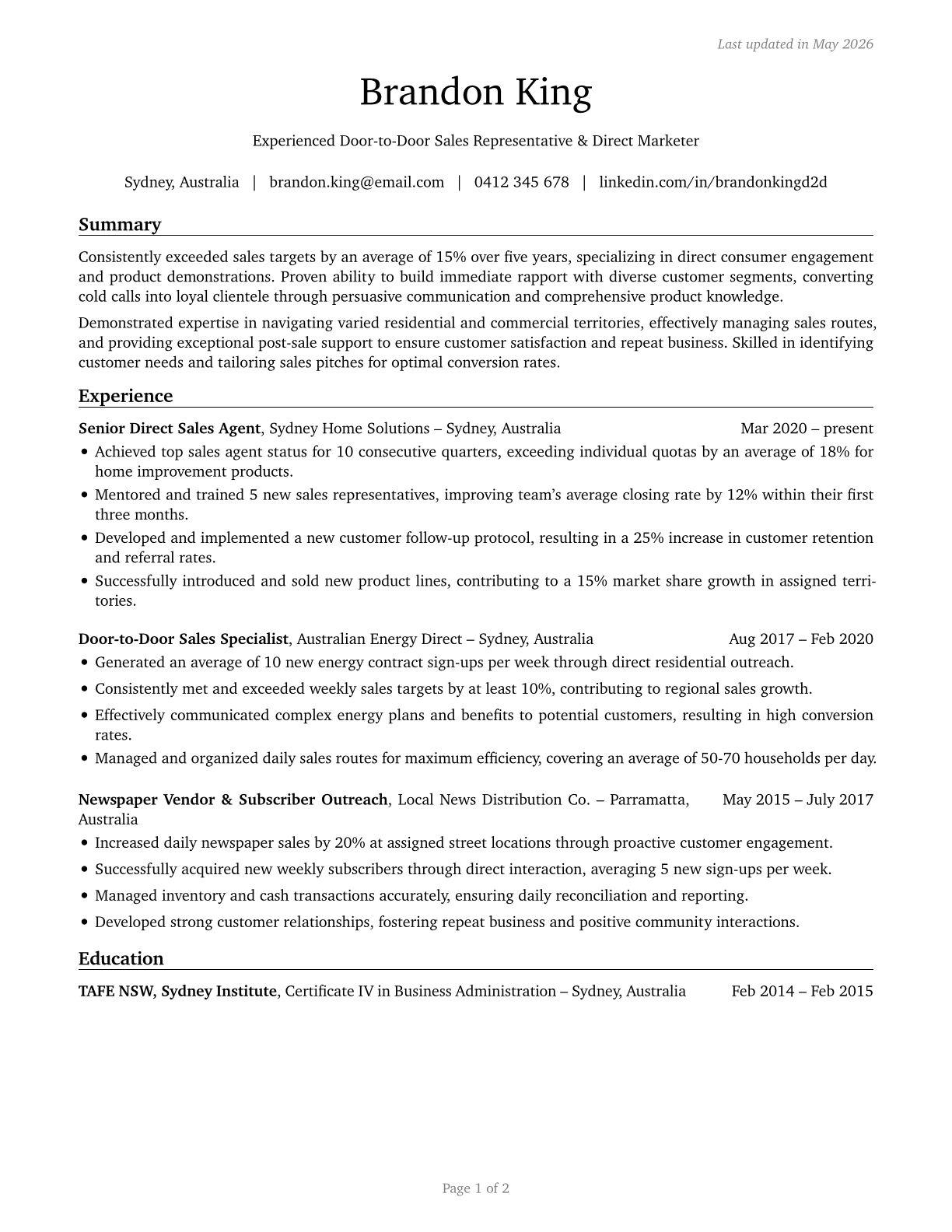 Door-to-Door Sales Workers, News and Street Vendors, and Related Workers CV in English — page 1