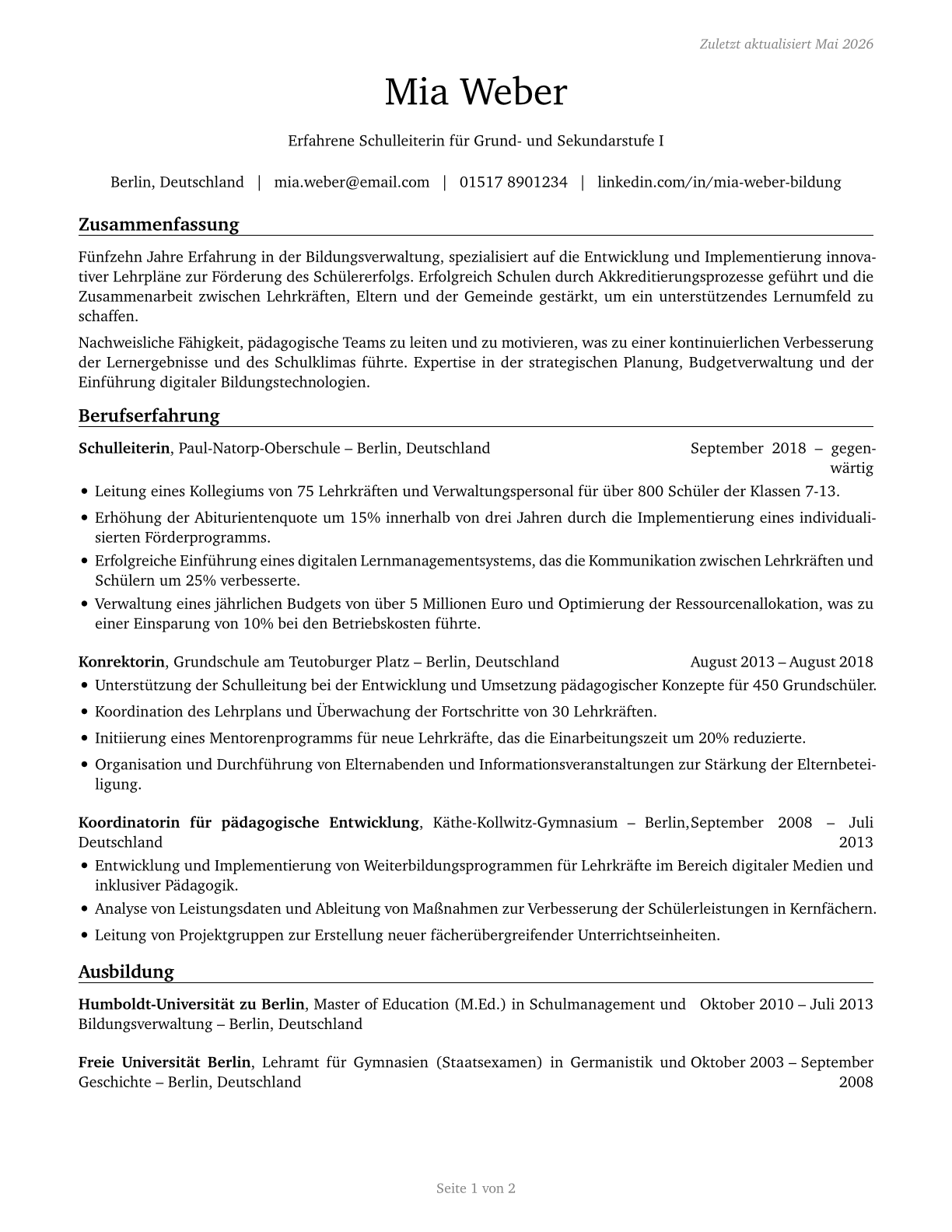 Education Administrators, Kindergarten through Secondary CV in German — page 1