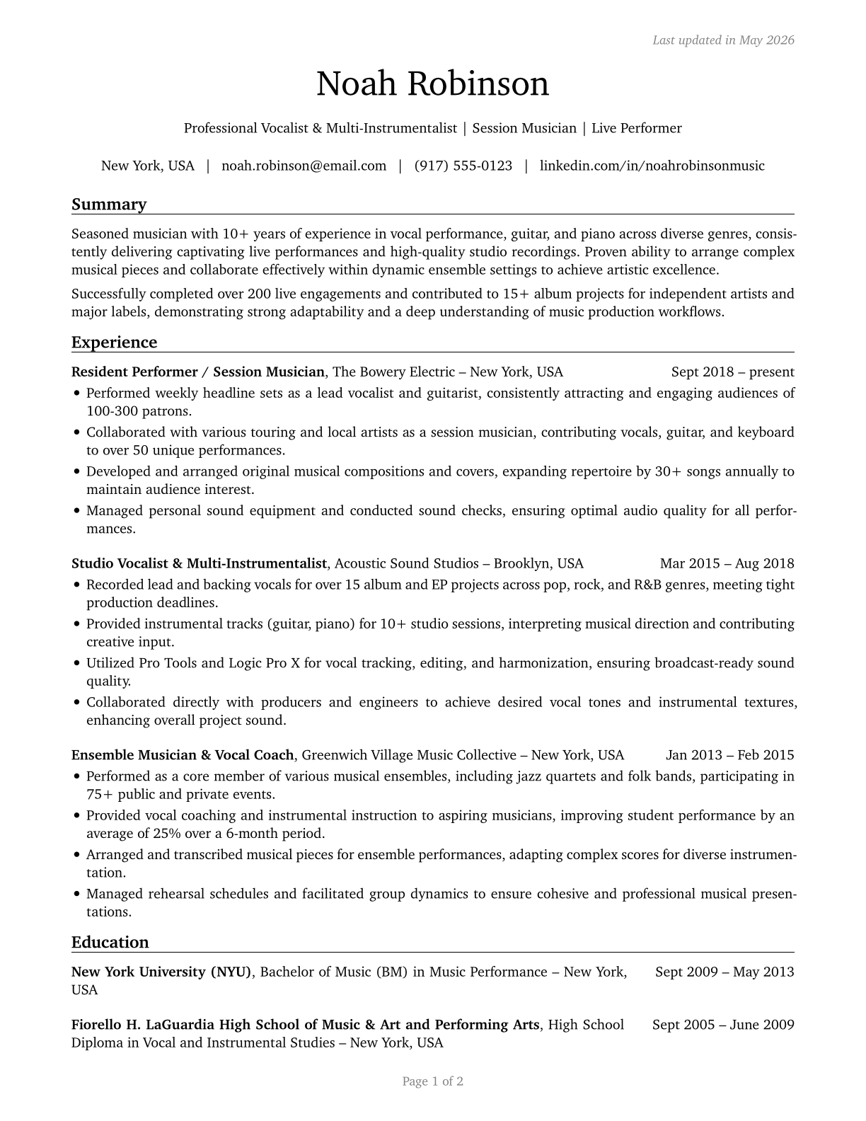 Musicians and Singers CV in English — page 1