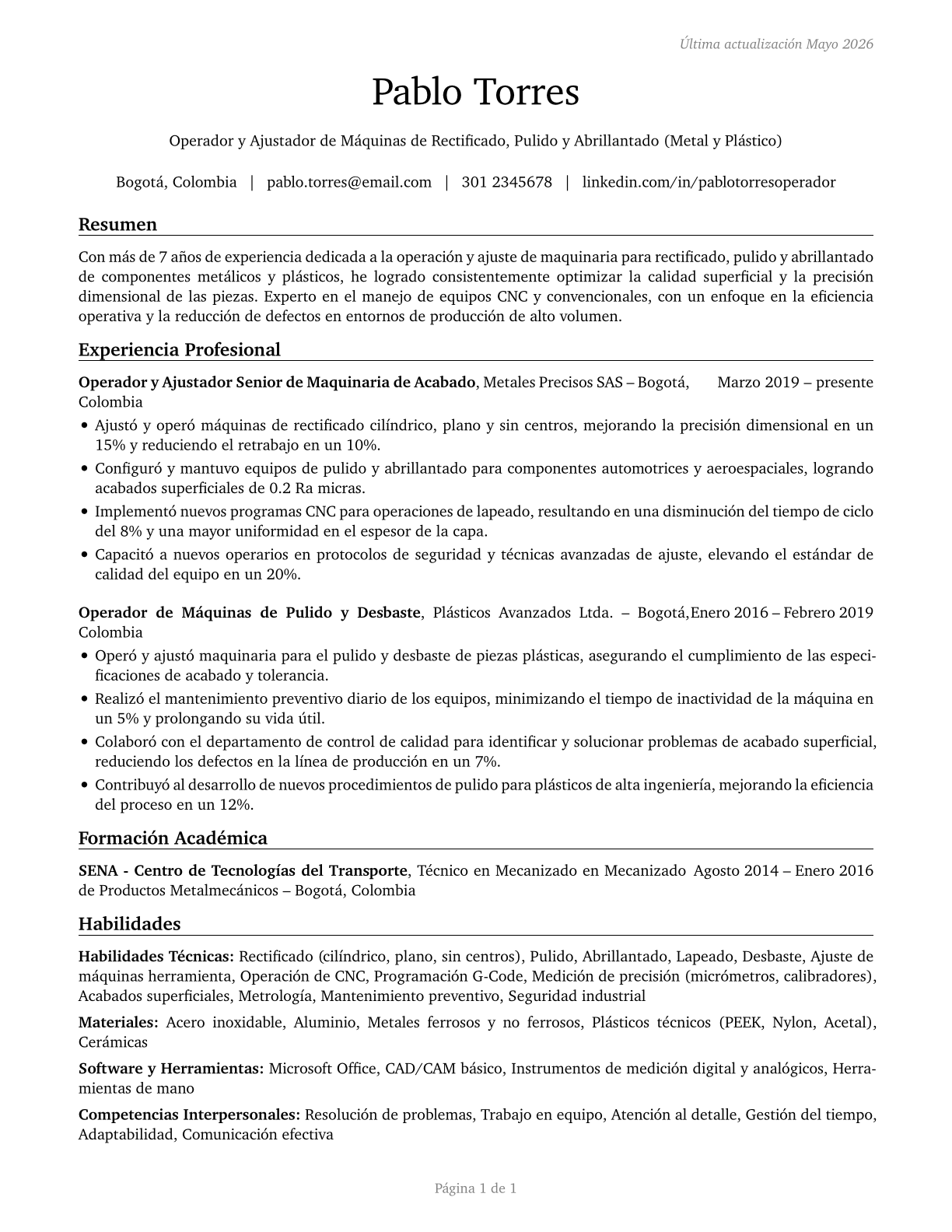 Grinding, Lapping, Polishing, and Buffing Machine Tool Setters, Operators, and Tenders, Metal and Plastic CV in Spanish — page 1