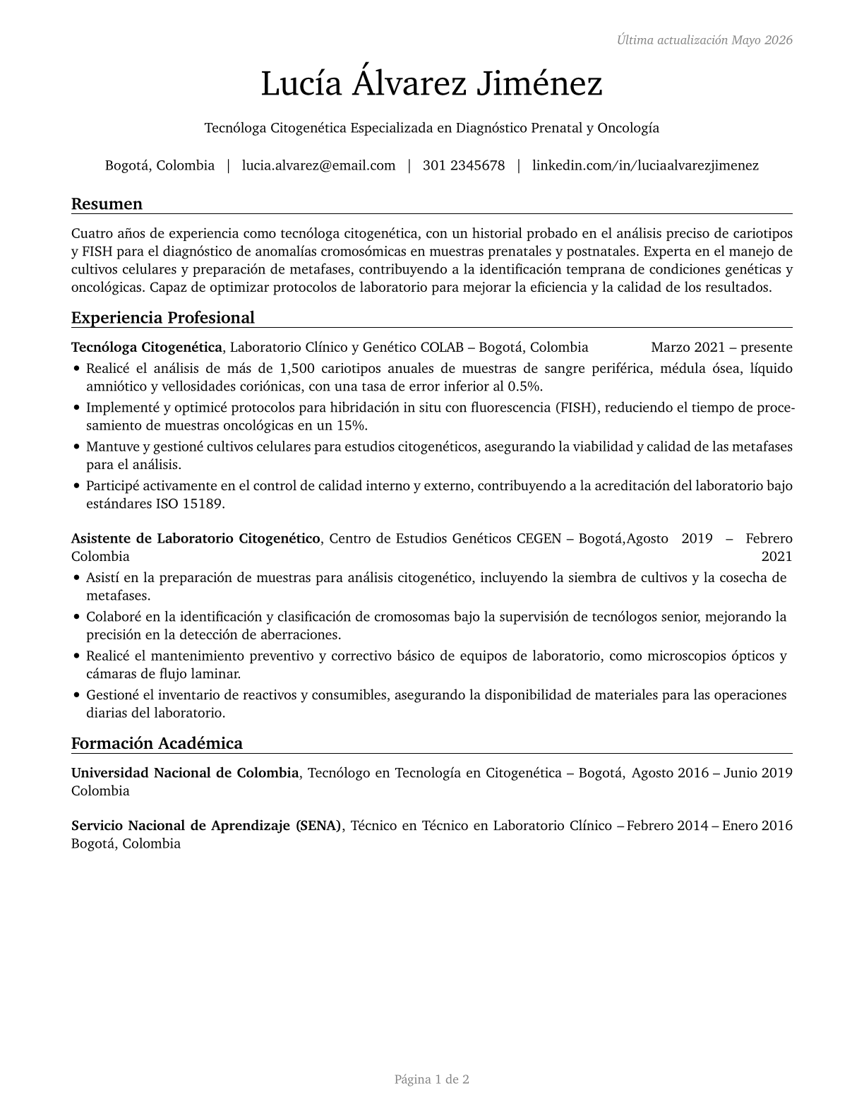 Cytogenetic Technologists CV in Spanish — page 1