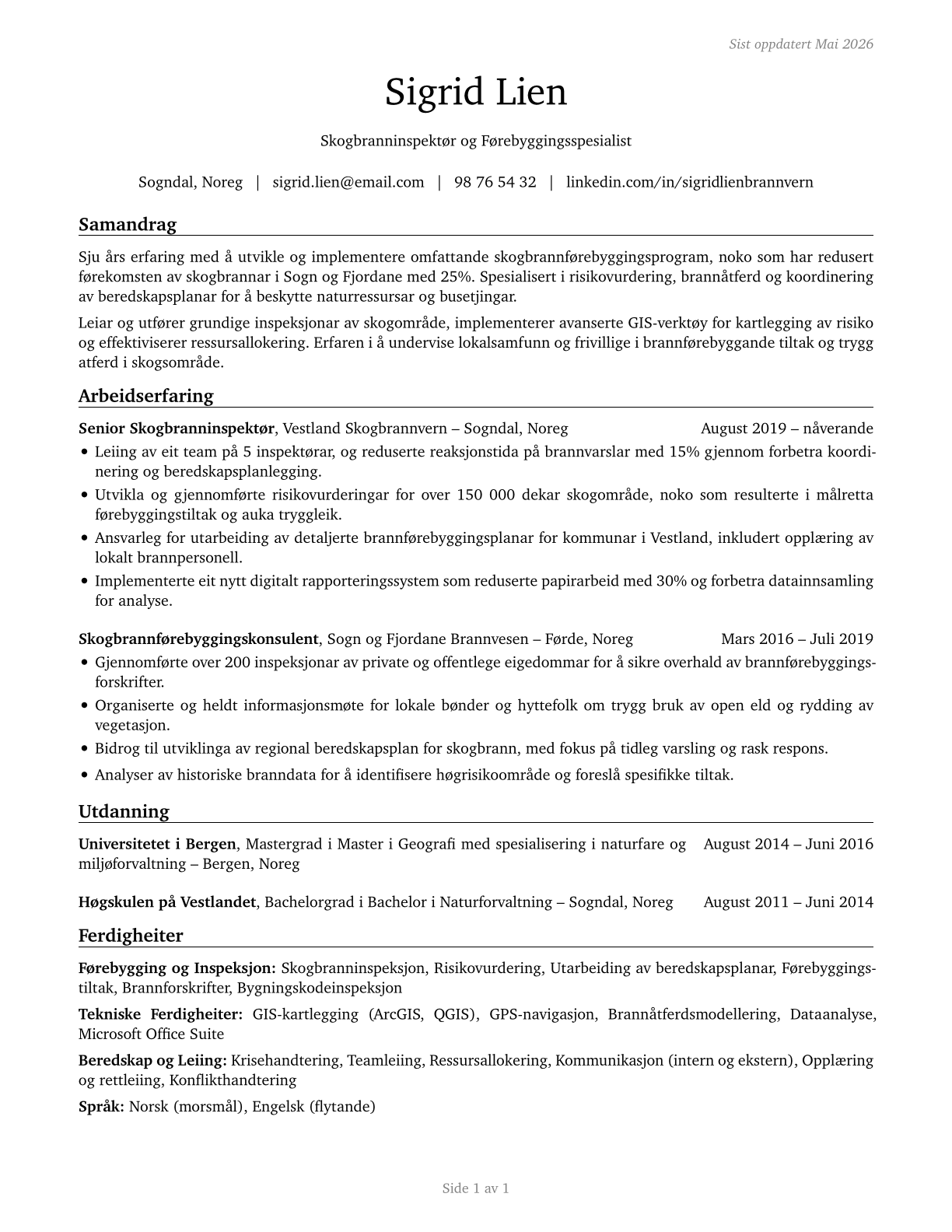 Forest Fire Inspectors and Prevention Specialists CV in Norwegian_nynorsk — page 1