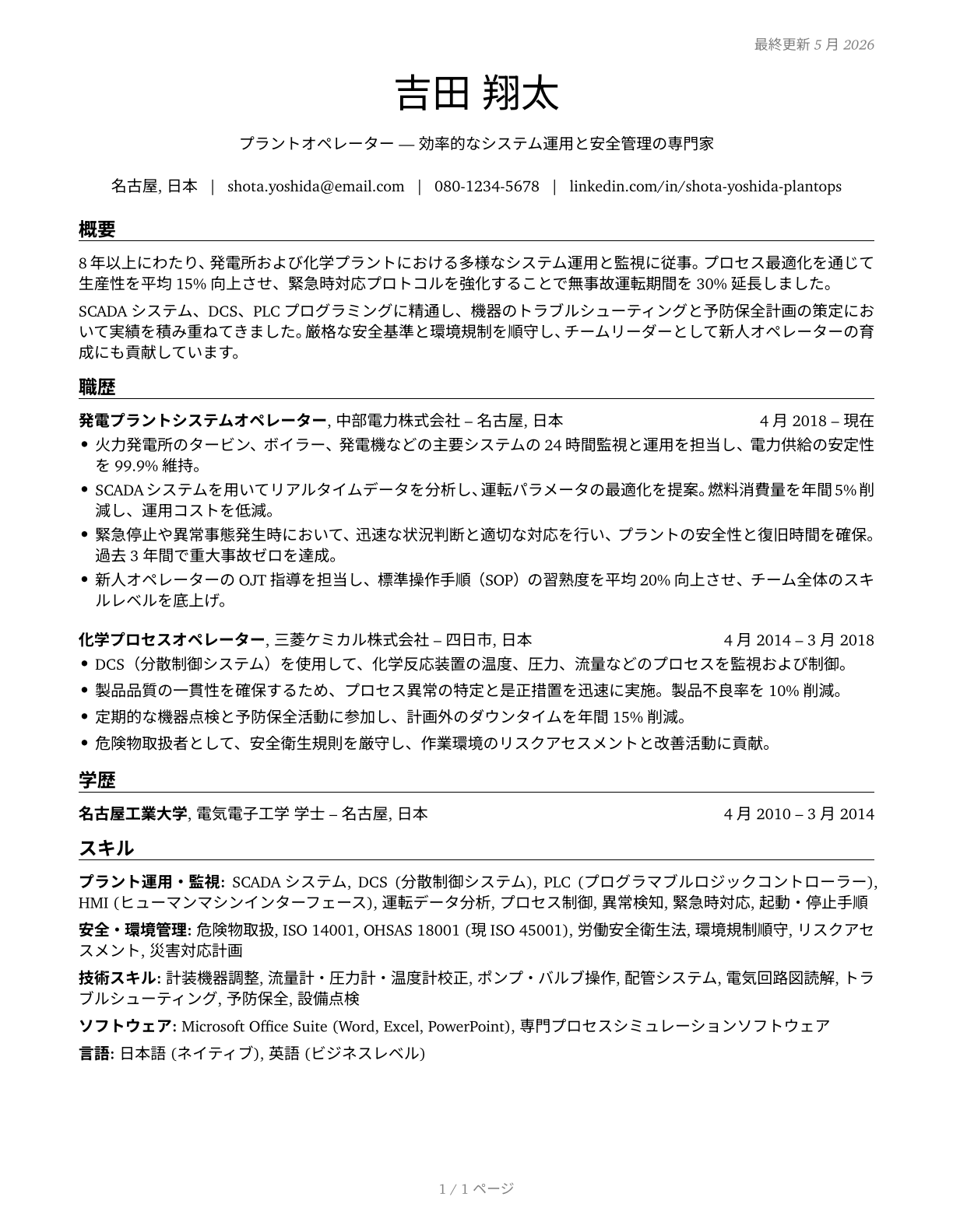 Plant and System Operators, All Other CV in Japanese — page 1
