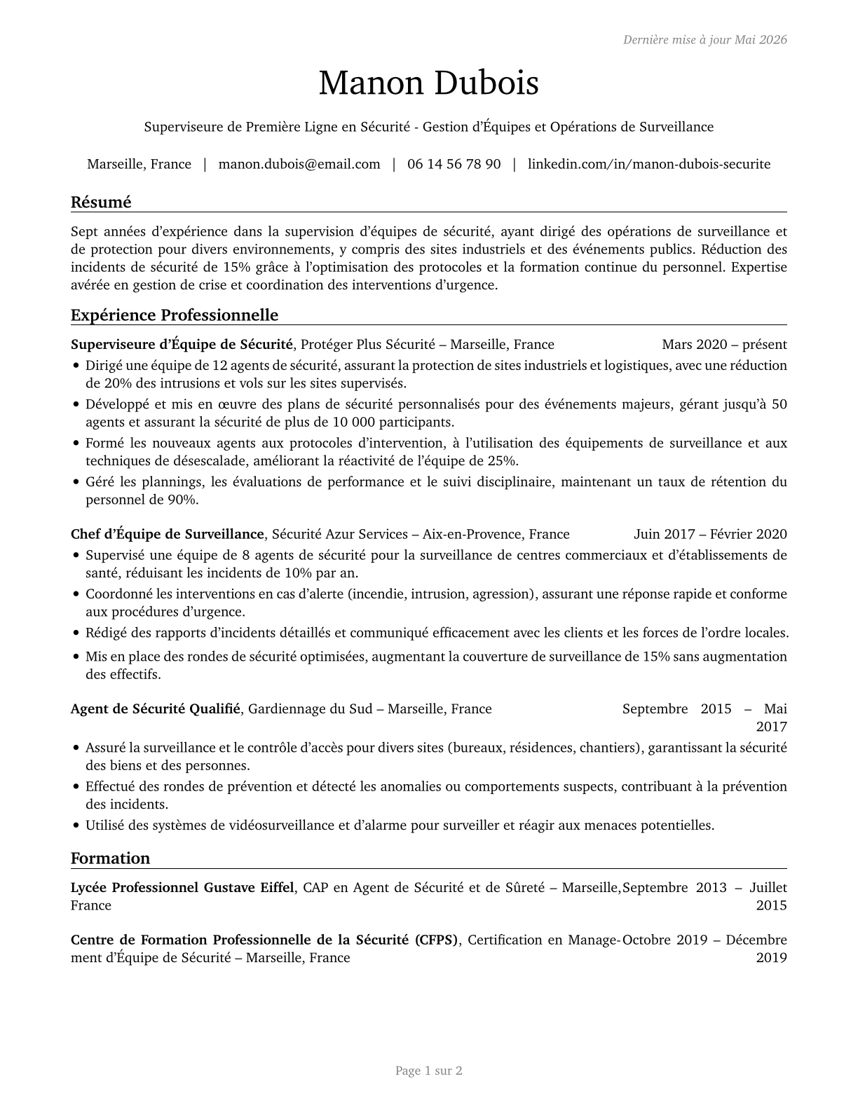 First-Line Supervisors of Security Workers CV in French — page 1