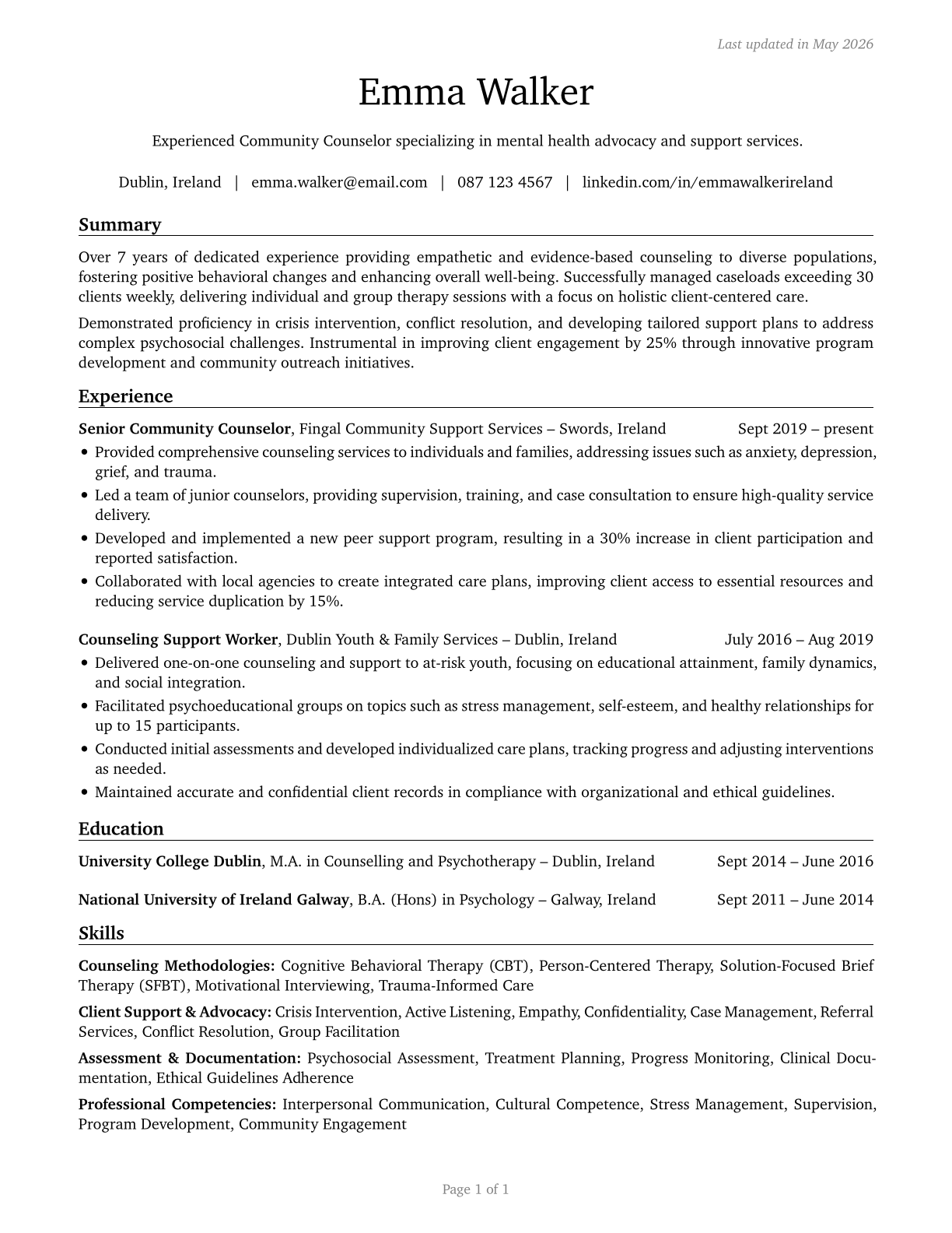 Counselors, All Other CV in English — page 1