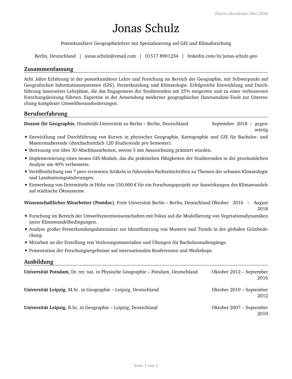 Geography Teachers, Postsecondary CV in German — page 1