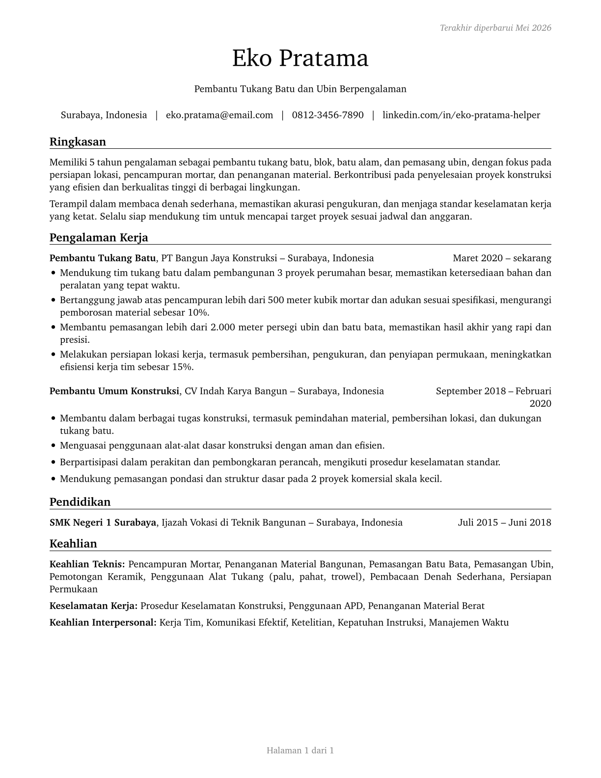 Helpers--Brickmasons, Blockmasons, Stonemasons, and Tile and Marble Setters CV in Indonesian — page 1