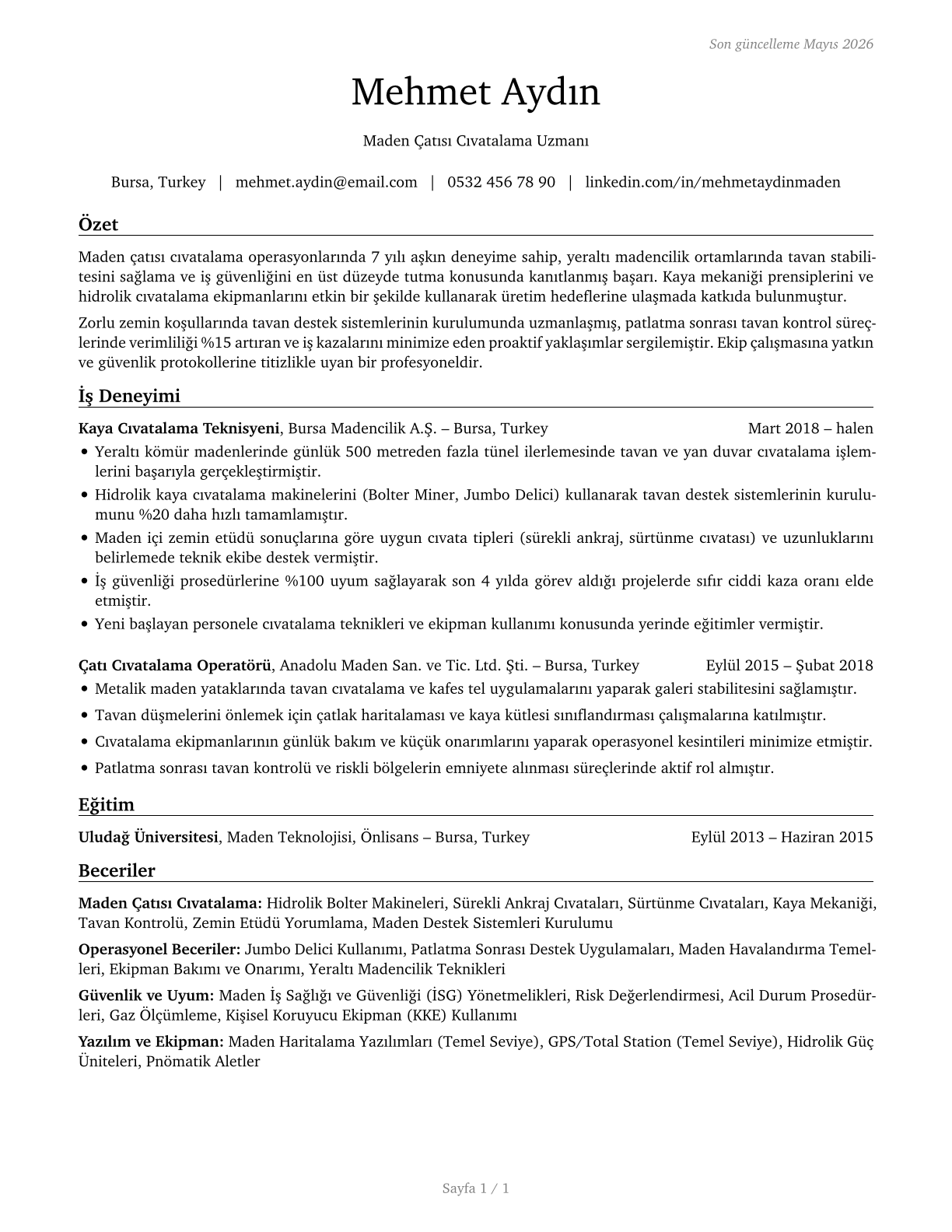 Roof Bolters, Mining CV in Turkish — page 1