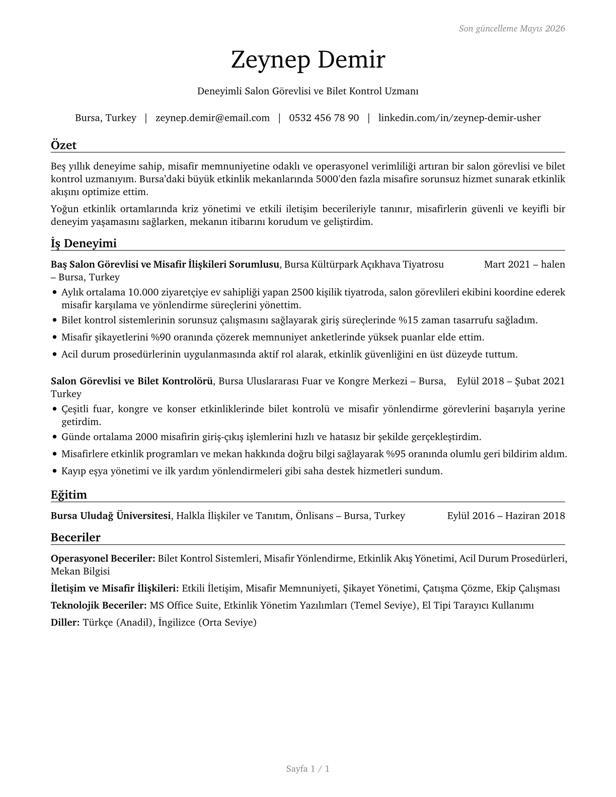 Ushers, Lobby Attendants, and Ticket Takers CV in Turkish — page 1