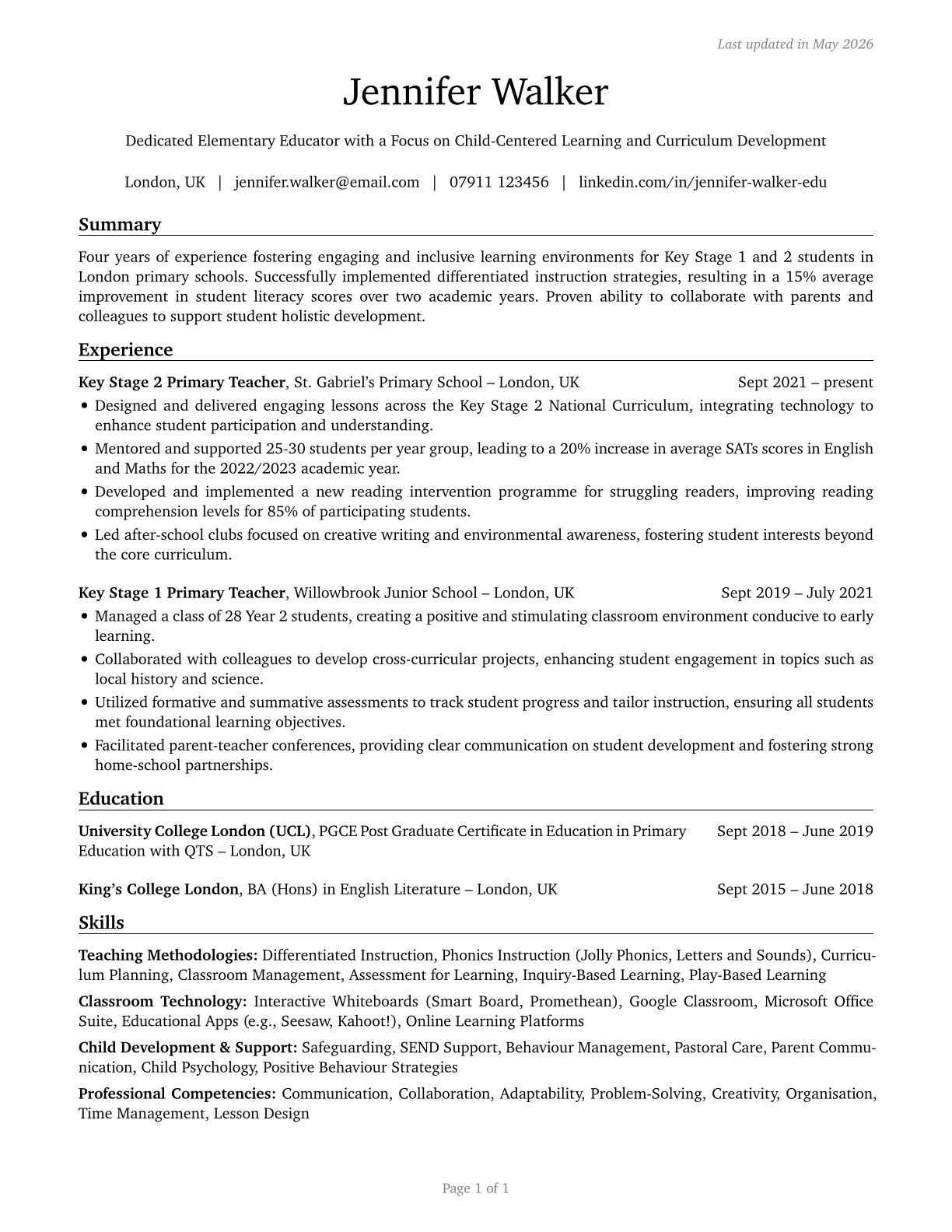 Elementary School Teachers, Except Special Education CV in English — page 1