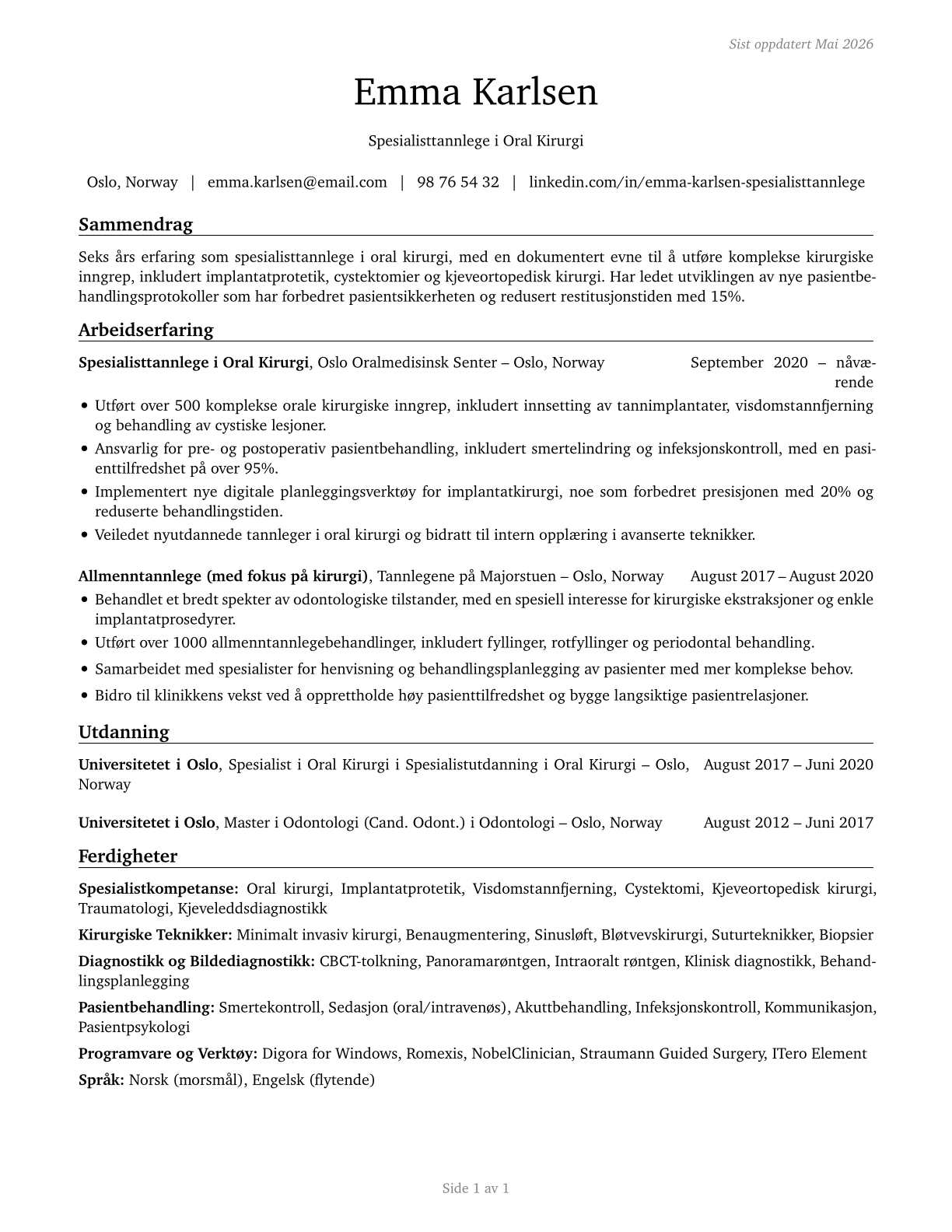Dentists, All Other Specialists CV in Norwegian_bokmal — page 1