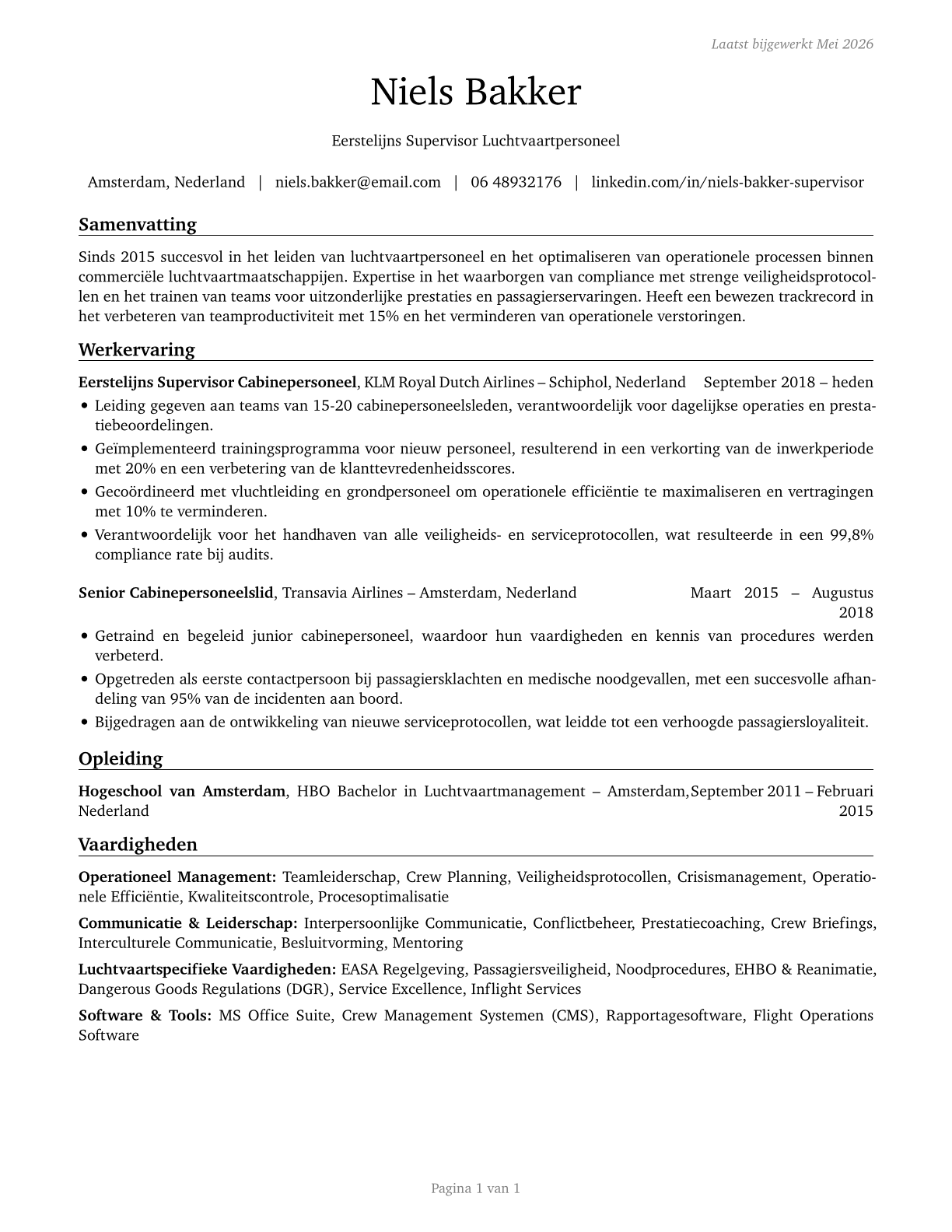 First-Line Supervisors of Air Crew Members CV in Dutch — page 1