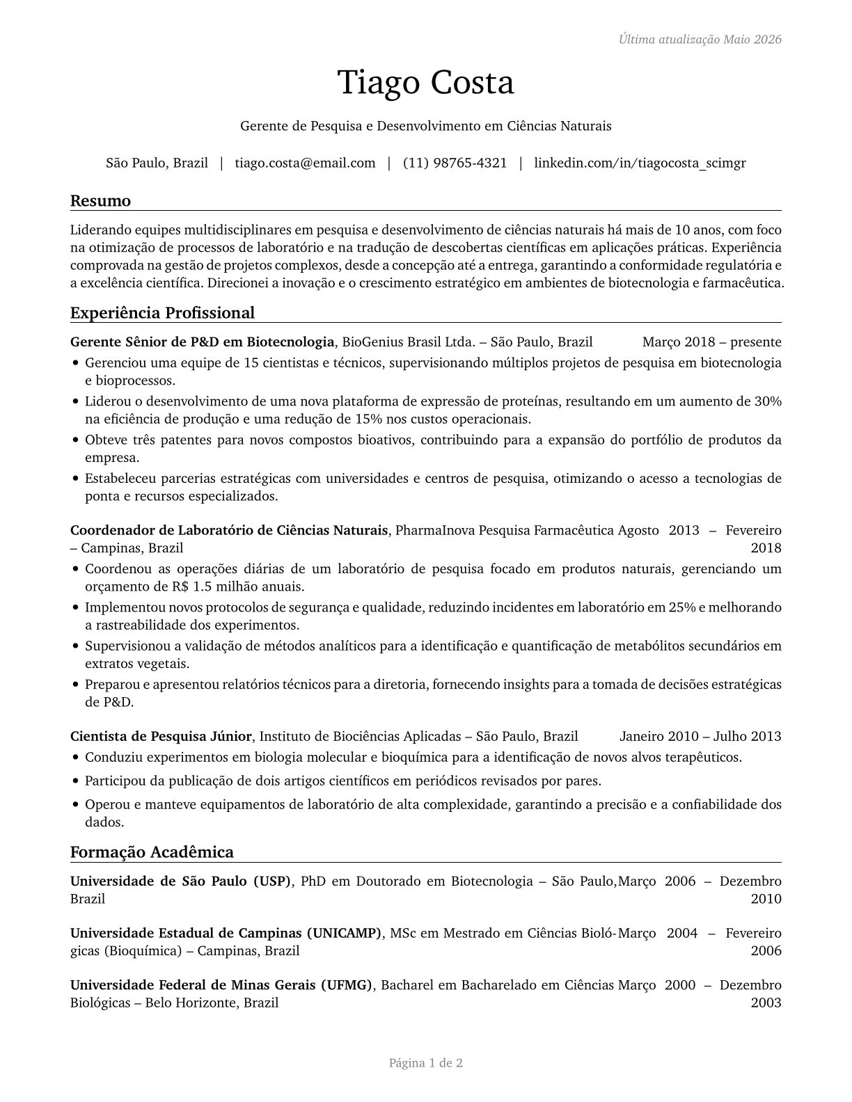 Natural Sciences Managers CV in Portuguese — page 1