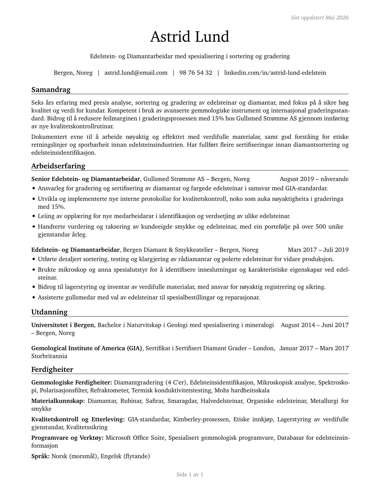 Gem and Diamond Workers CV in Norwegian_nynorsk — page 1