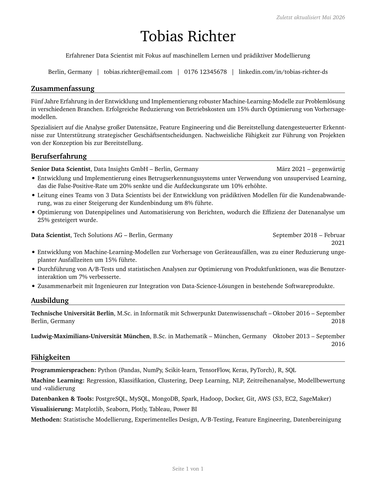 Data Scientists CV in German — page 1