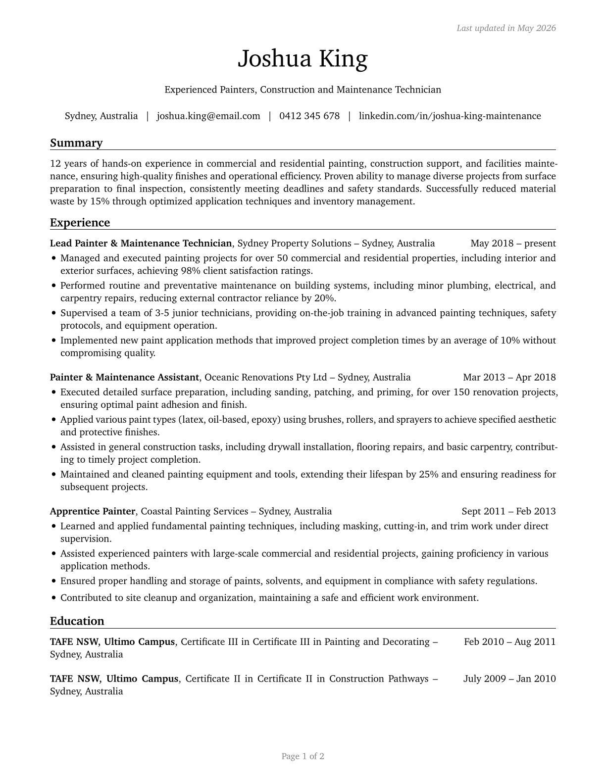 Painters, Construction and Maintenance CV in English — page 1