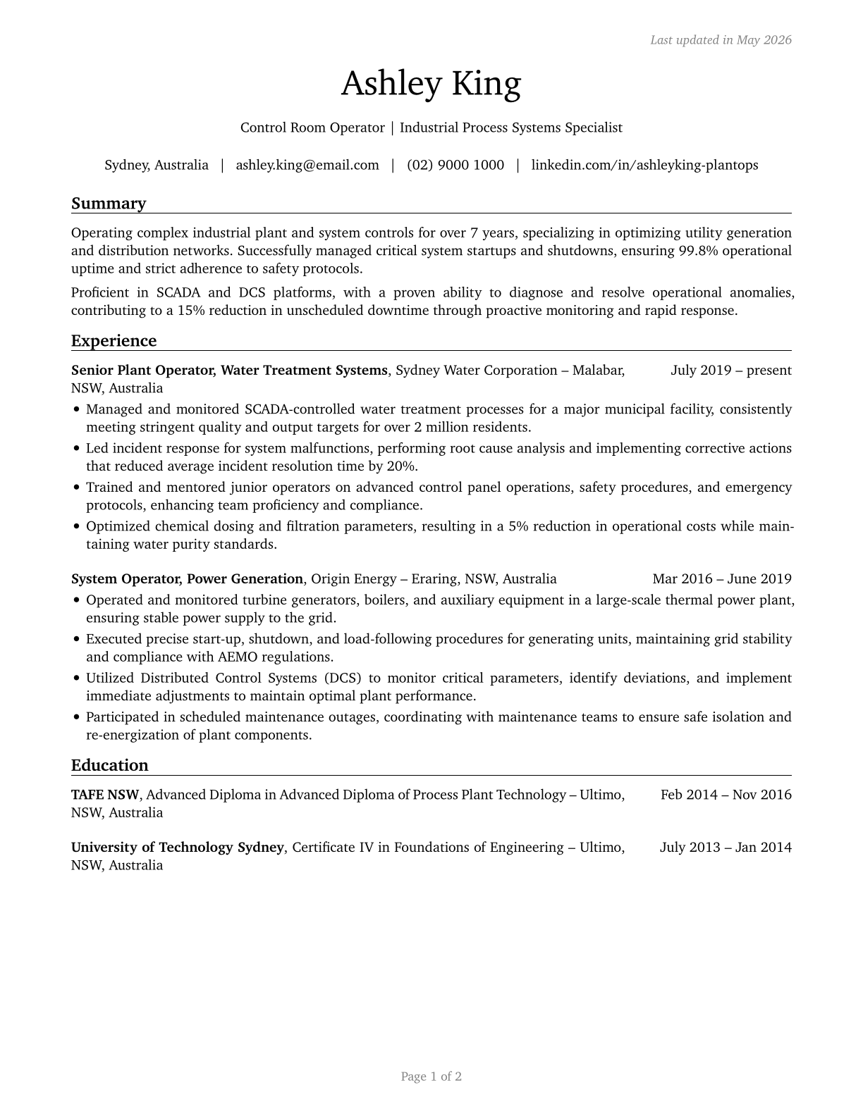 Plant and System Operators, All Other CV in English — page 1