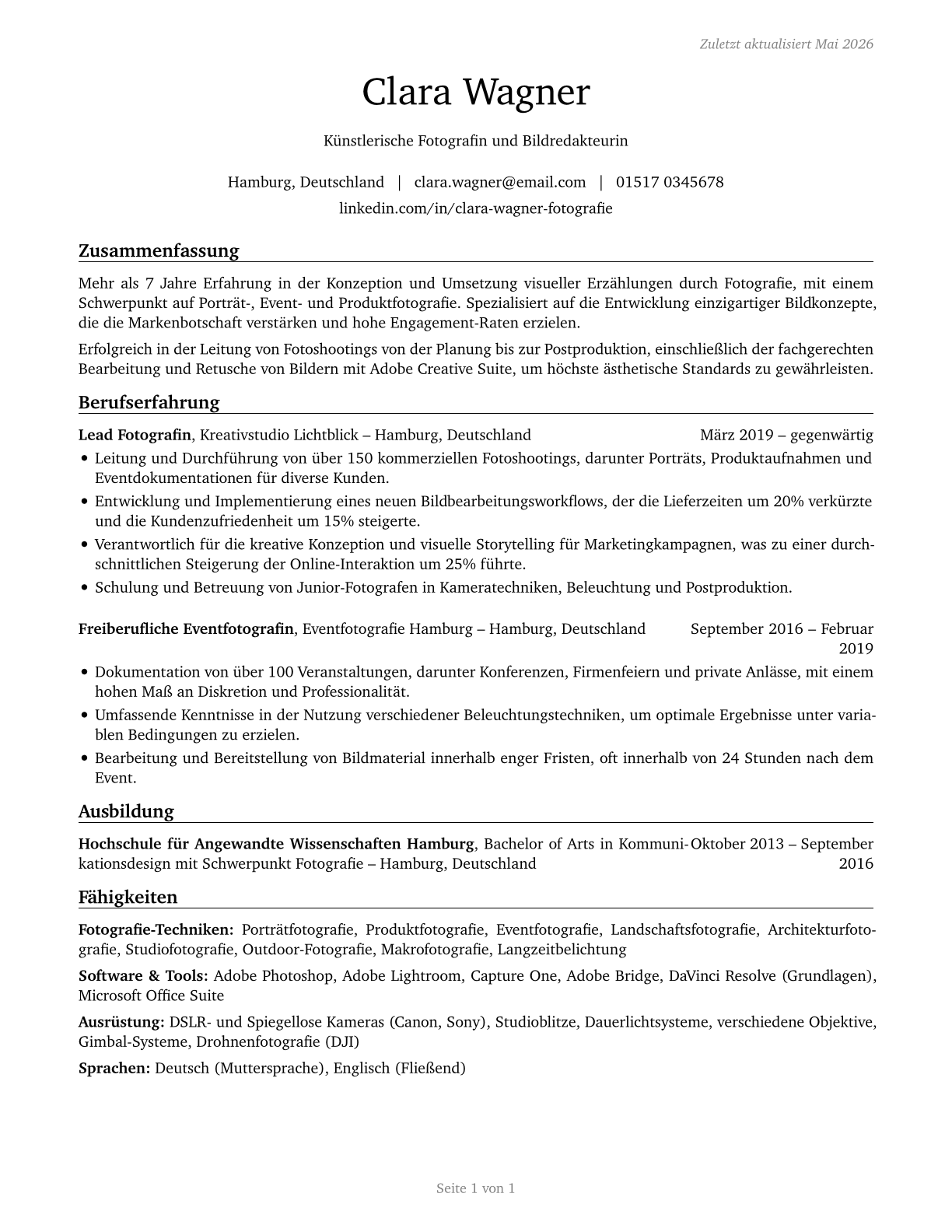 Photographers CV in German — page 1