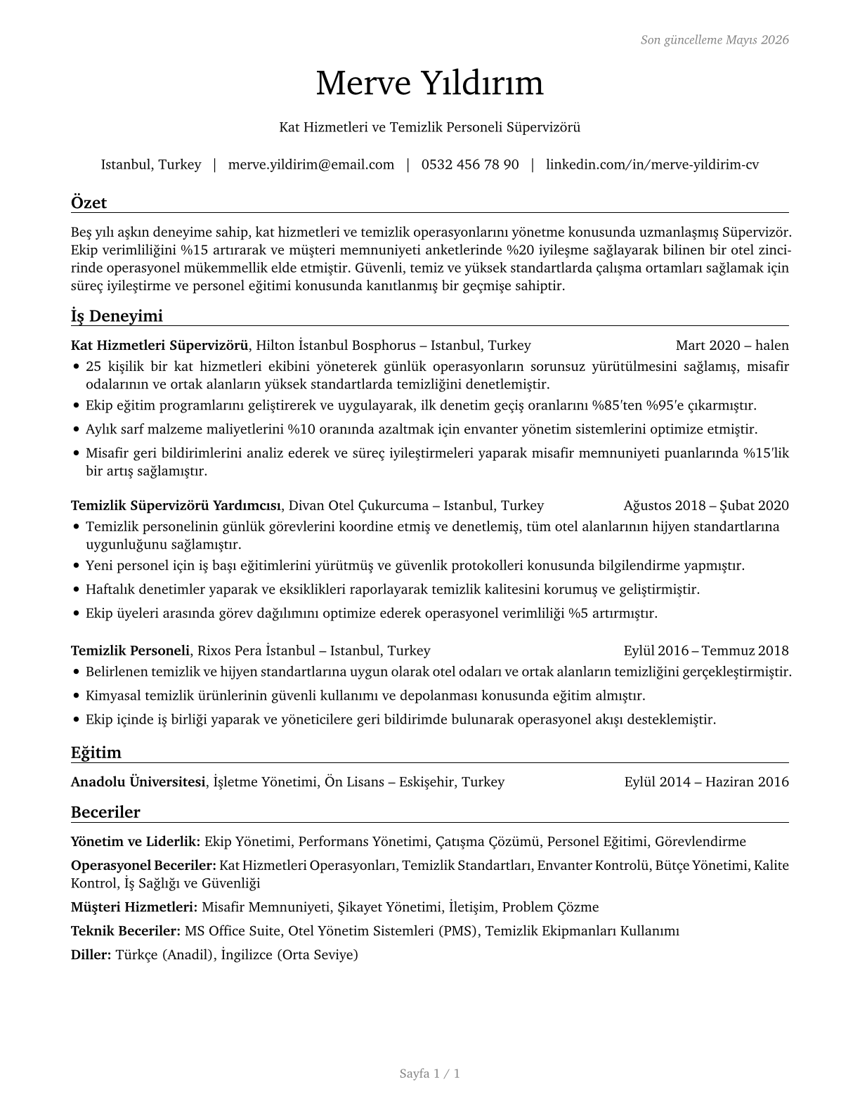 First-Line Supervisors of Housekeeping and Janitorial Workers CV in Turkish — page 1