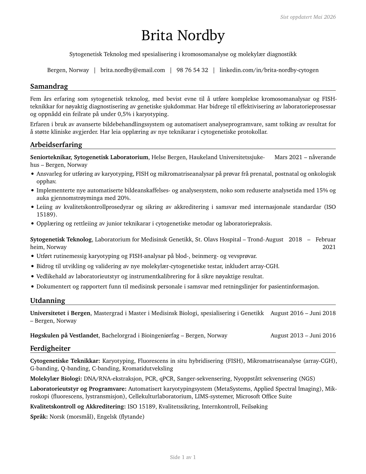 Cytogenetic Technologists CV in Norwegian_nynorsk — page 1