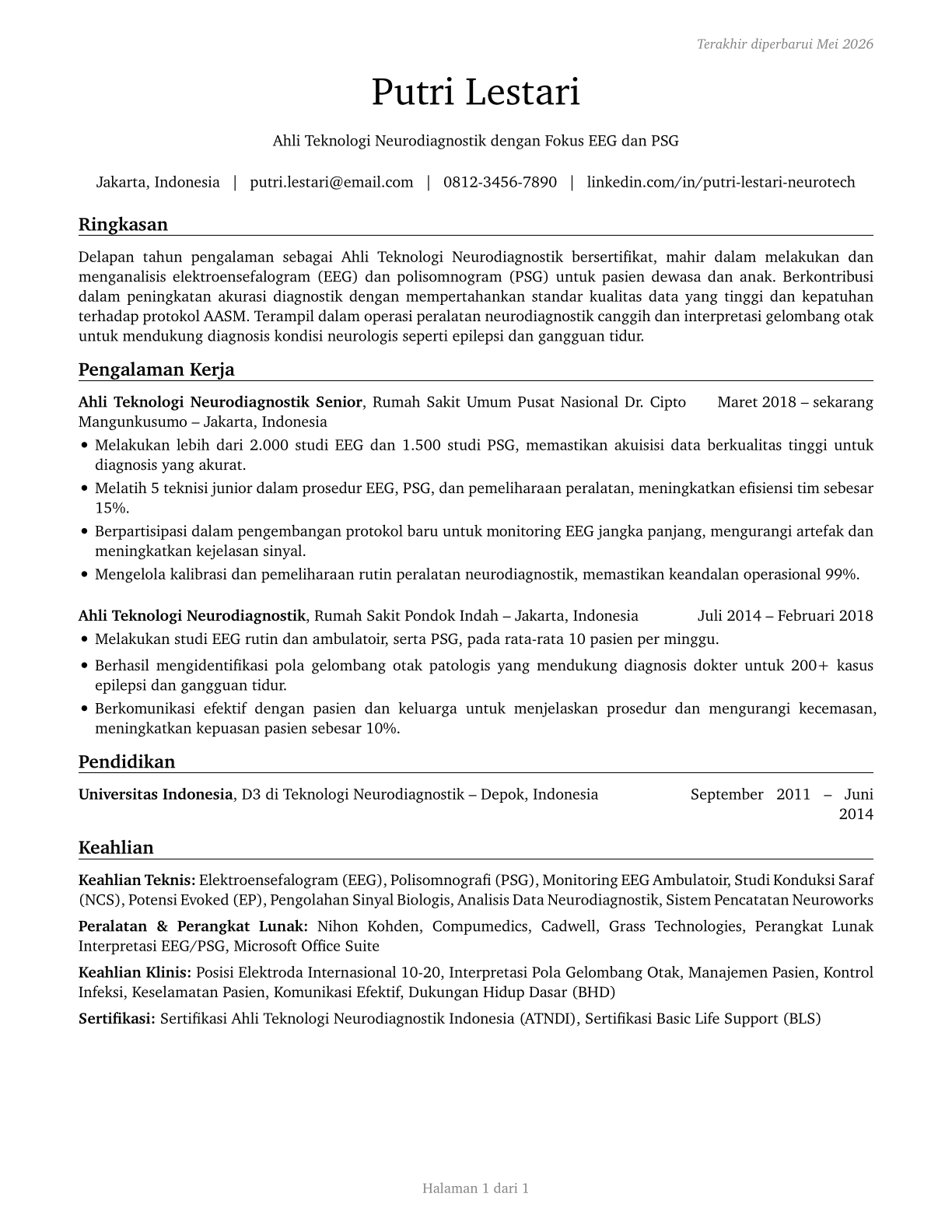 Neurodiagnostic Technologists CV in Indonesian — page 1