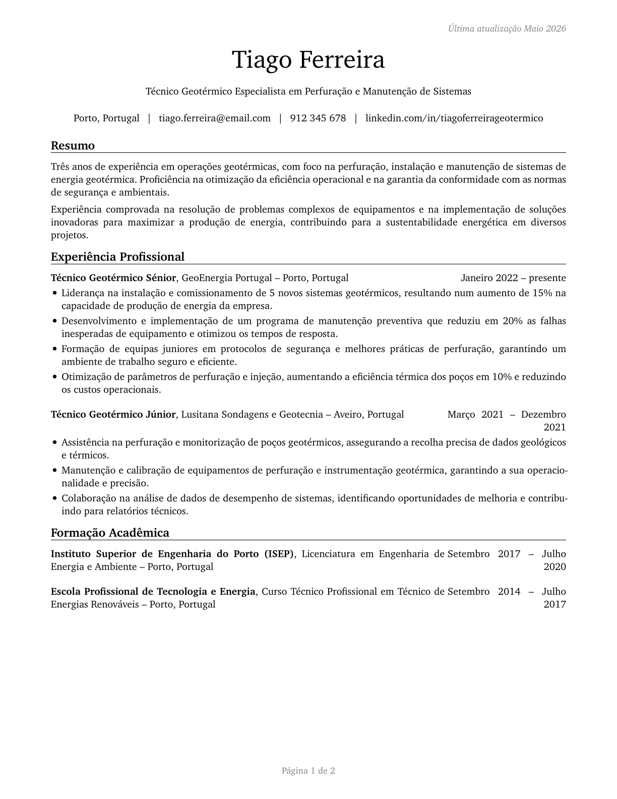 Geothermal Technicians CV in Portuguese — page 1