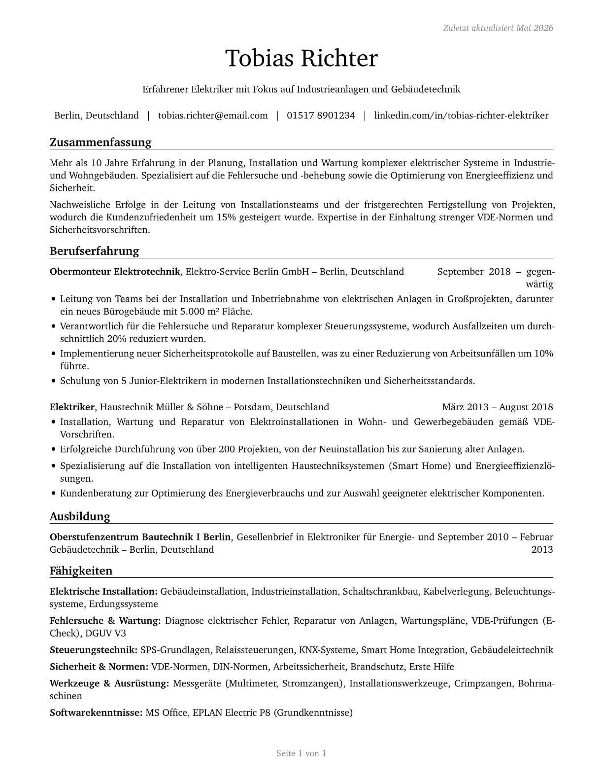 Electricians CV in German — page 1
