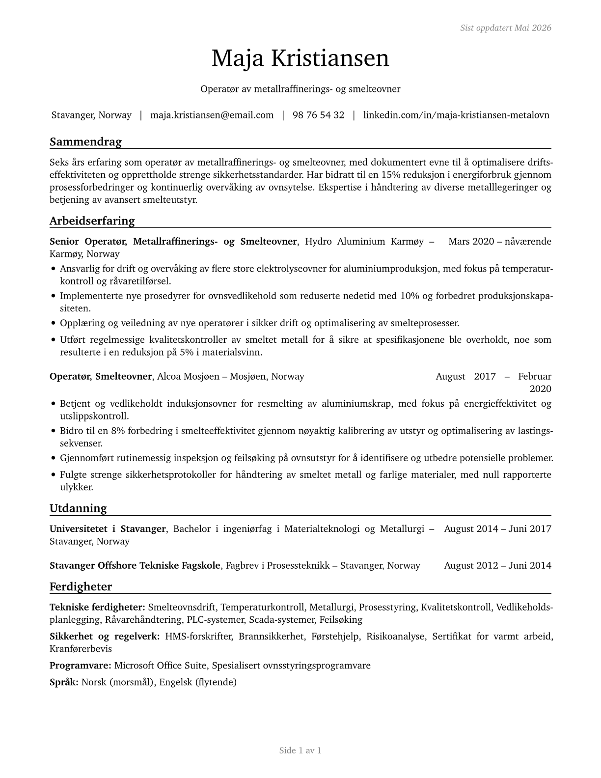 Metal-Refining Furnace Operators and Tenders CV in Norwegian_bokmal — page 1