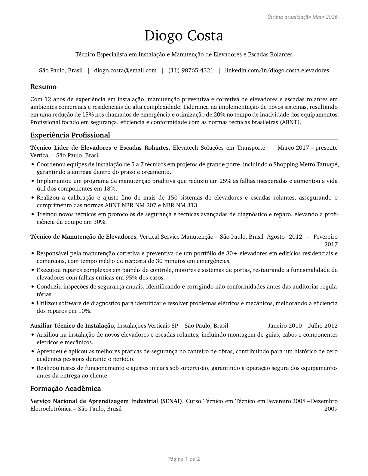 Elevator and Escalator Installers and Repairers CV in Portuguese — page 1