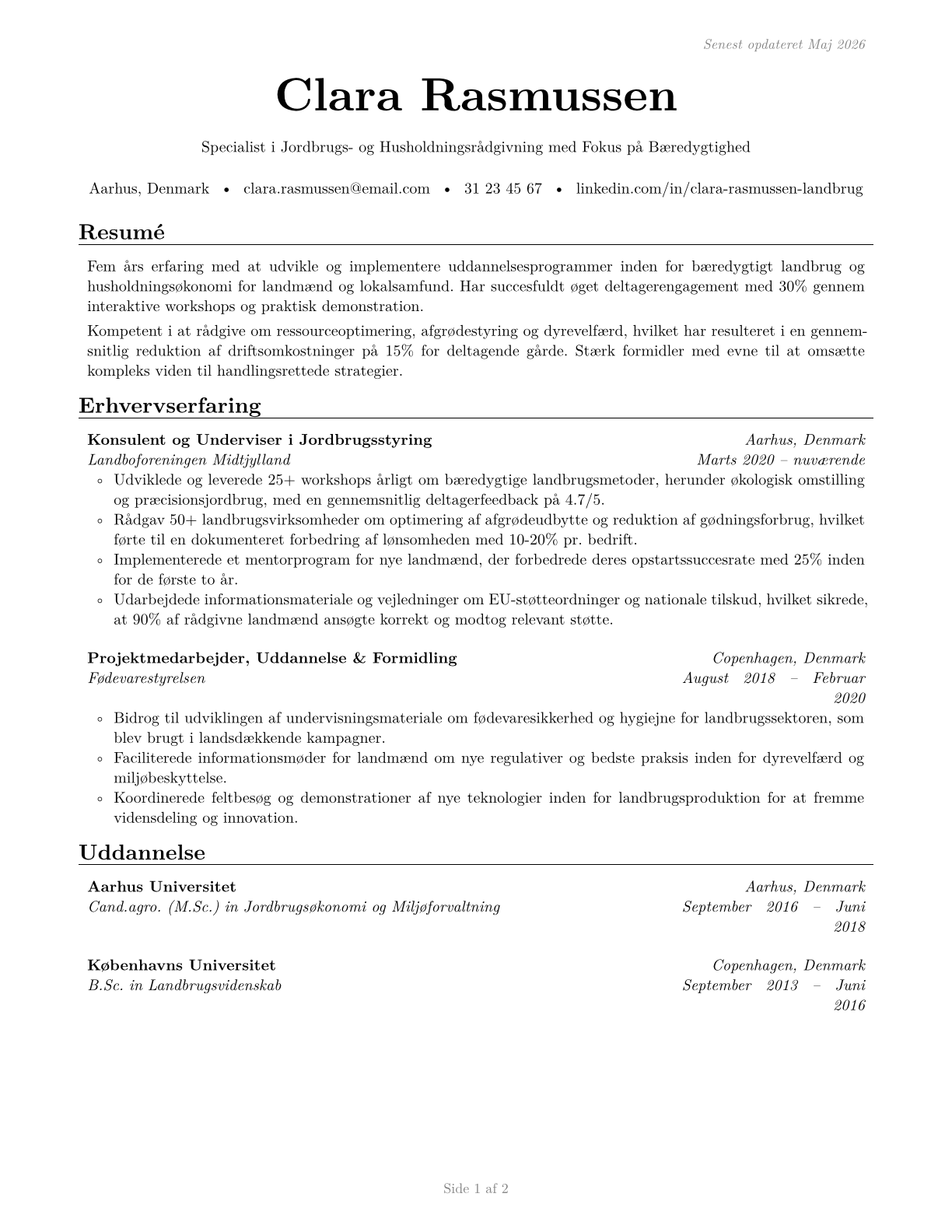 Farm and Home Management Educators CV in Danish — page 1
