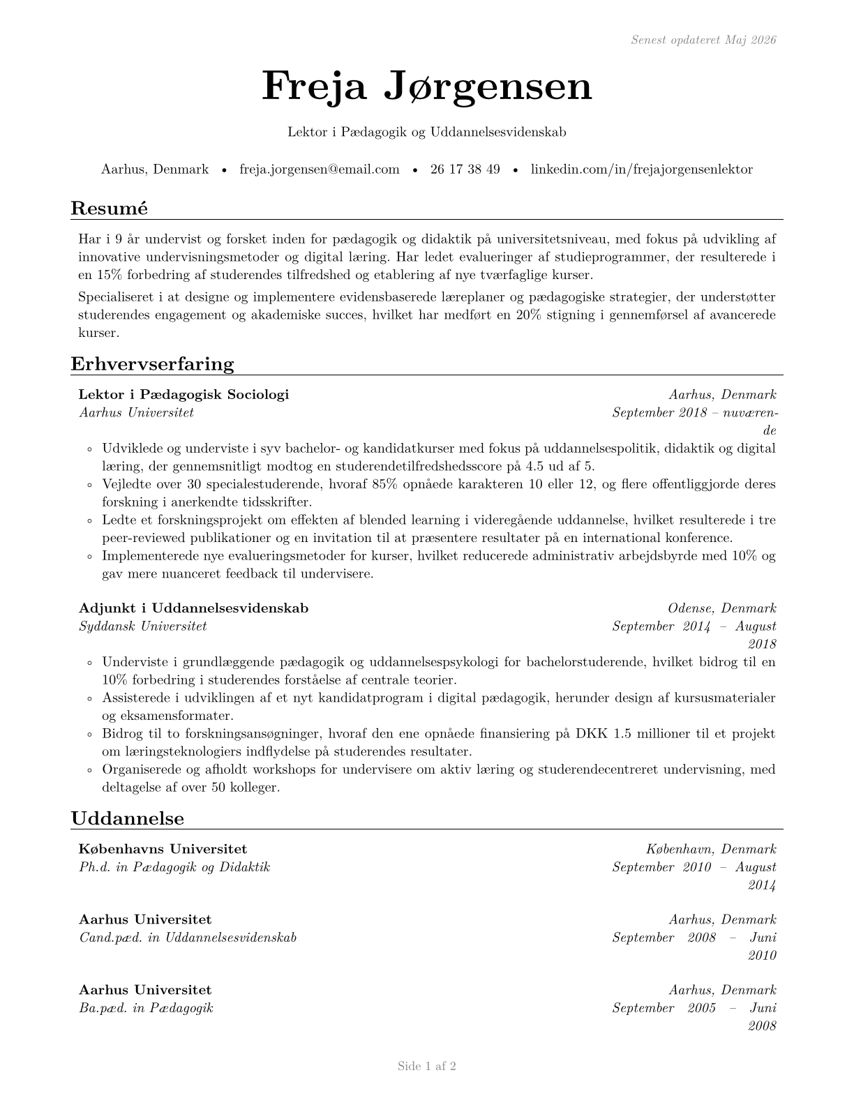 Education Teachers, Postsecondary CV in Danish — page 1