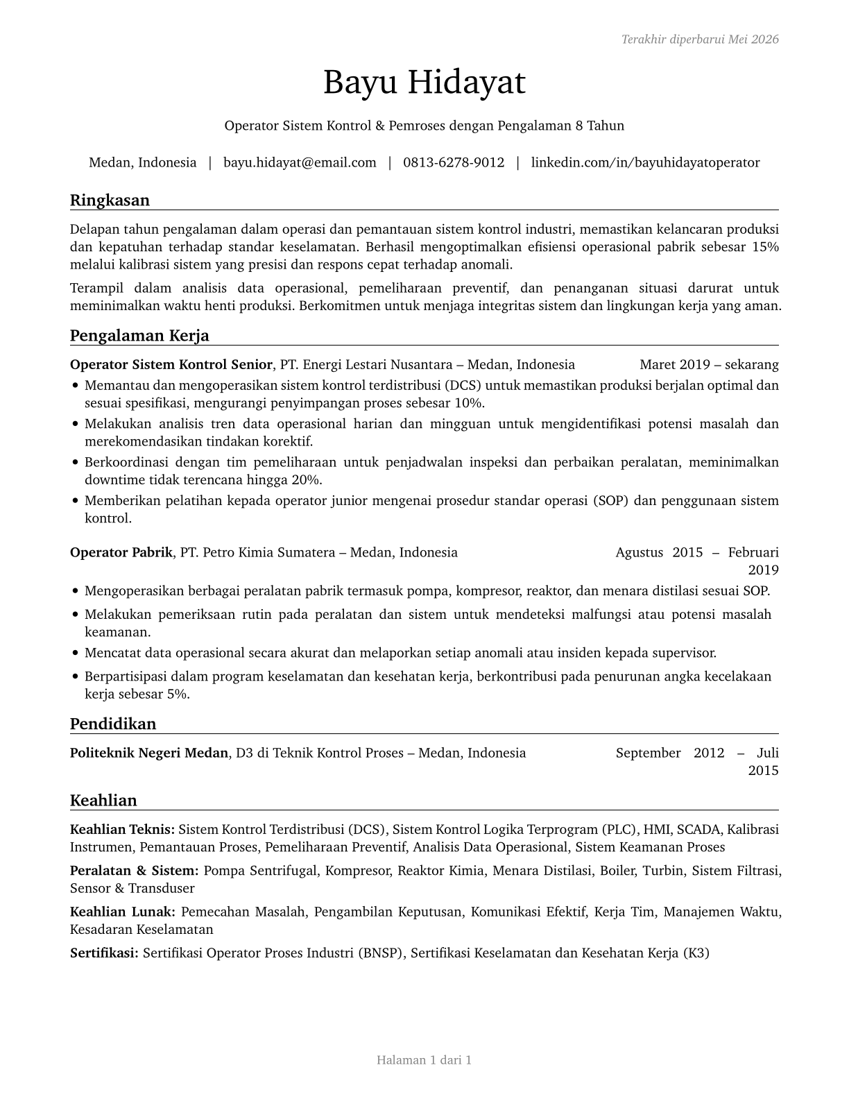 Plant and System Operators, All Other CV in Indonesian — page 1