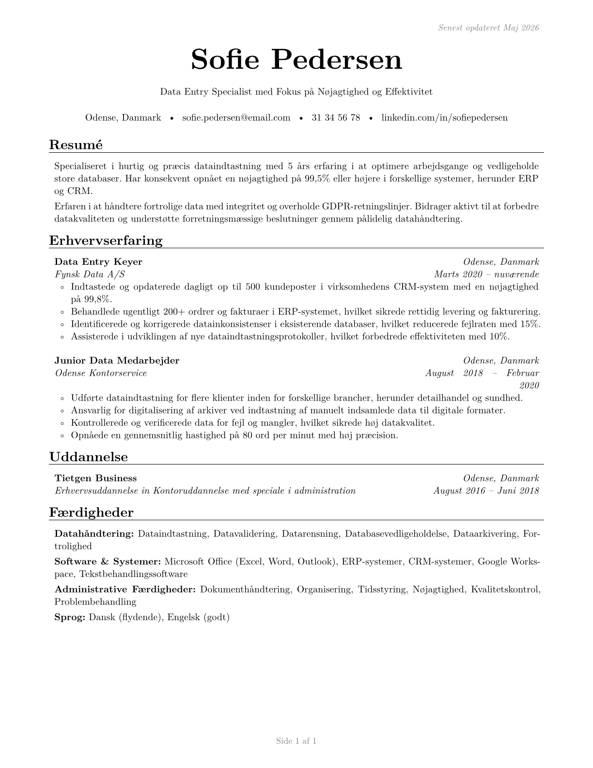 Data Entry Keyers CV in Danish — page 1