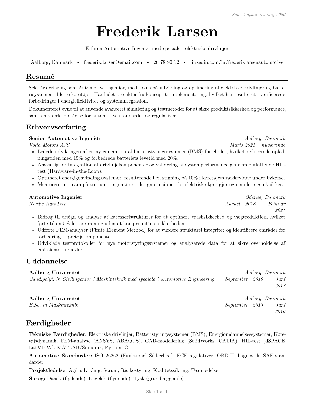 Automotive Engineers CV in Danish — page 1