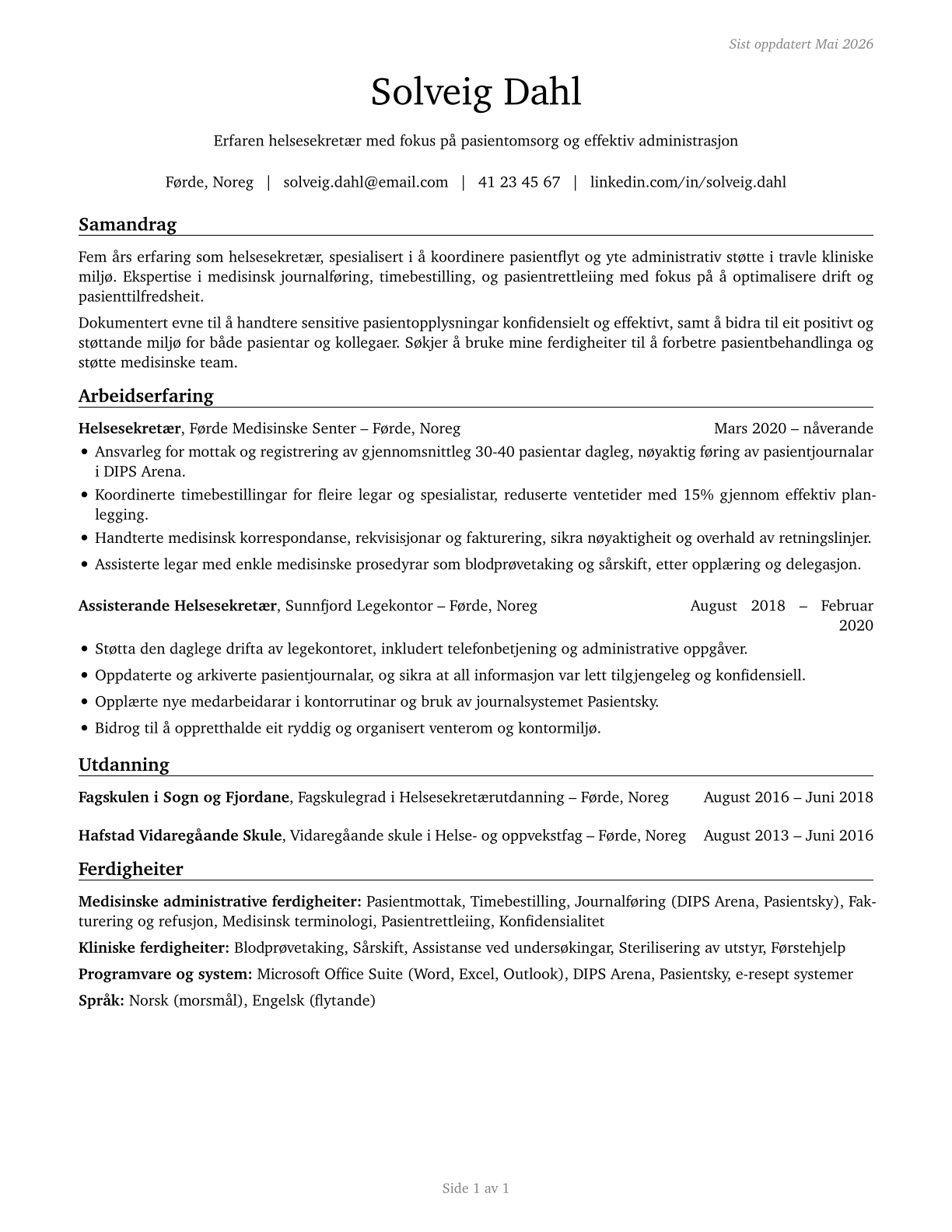 Medical Assistants CV in Norwegian_nynorsk — page 1