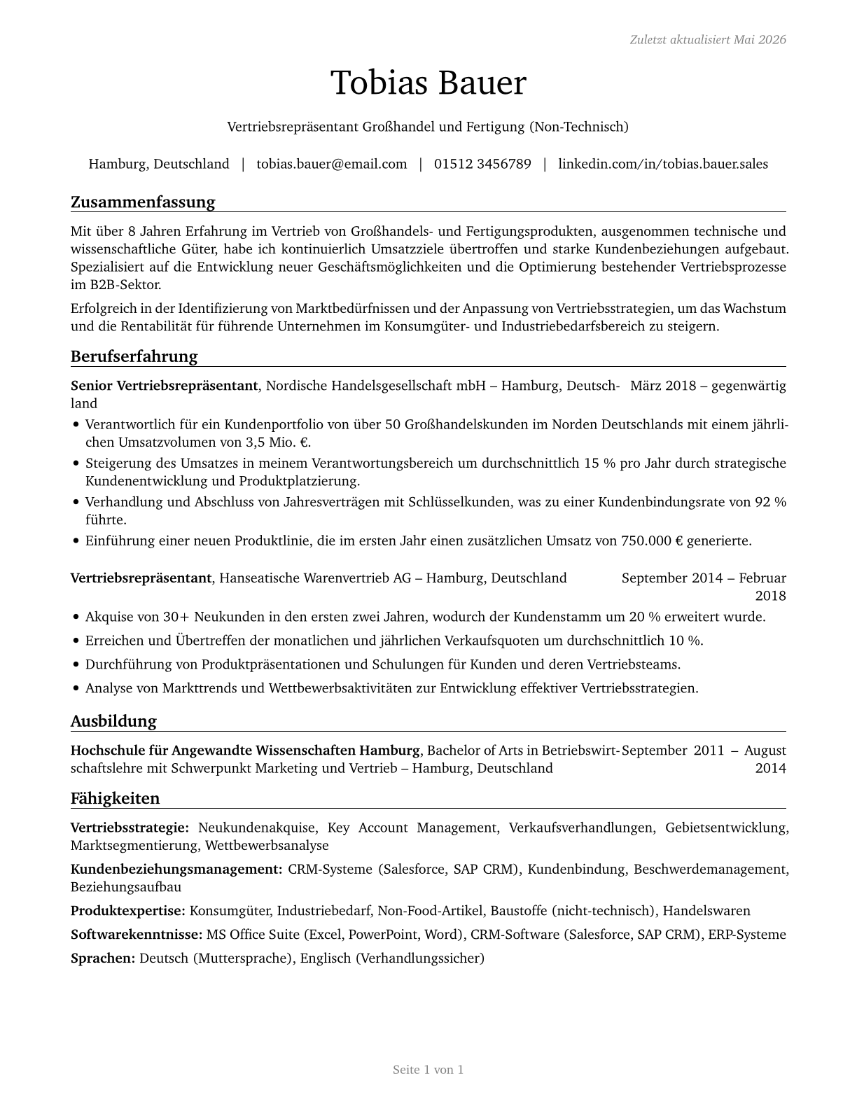 Sales Representatives, Wholesale and Manufacturing, Except Technical and Scientific Products CV in German — page 1