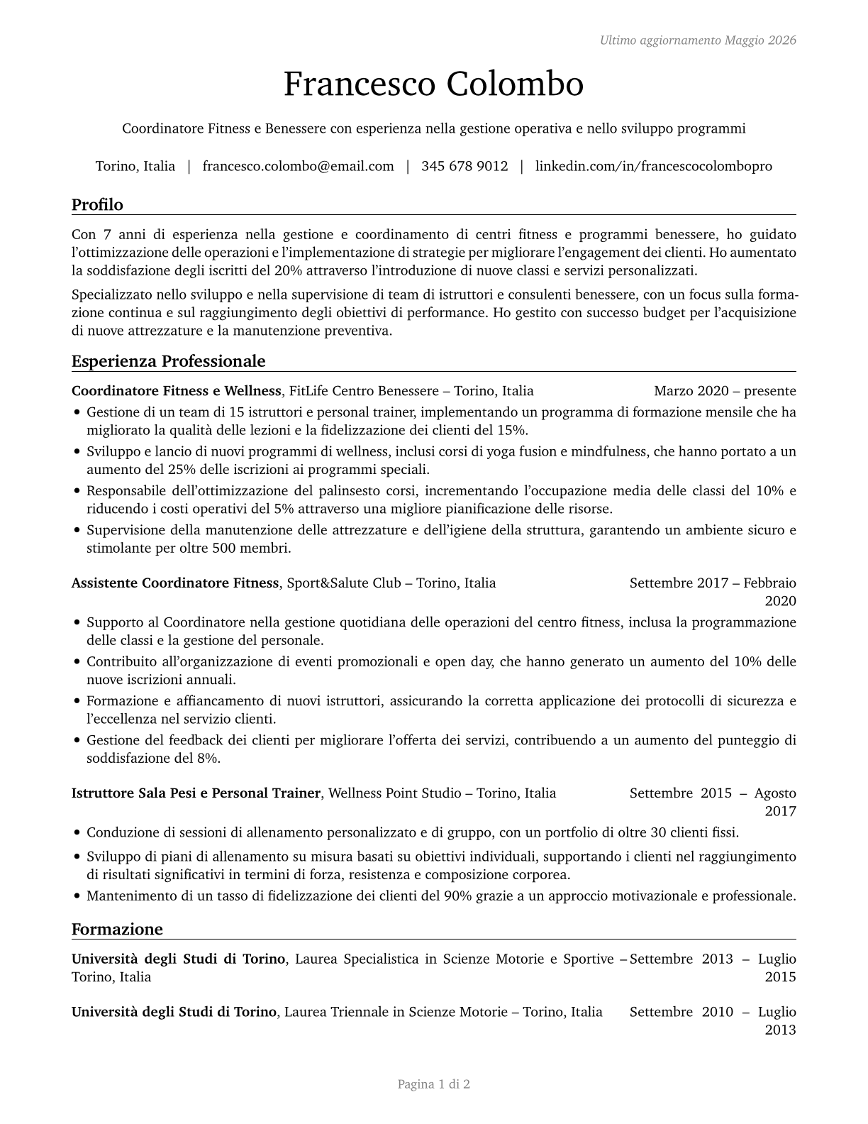 Fitness and Wellness Coordinators CV in Italian — page 1