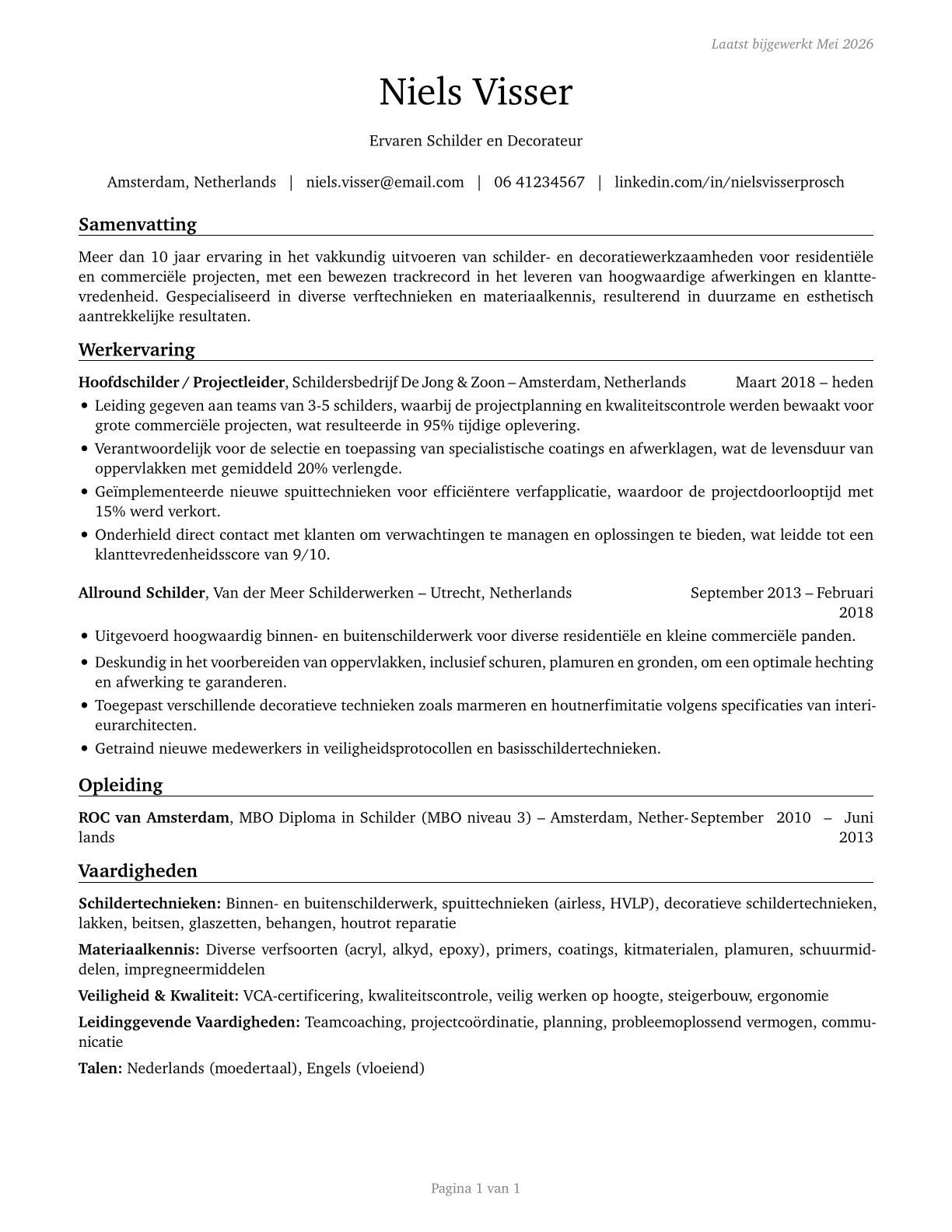 Painting, Coating, and Decorating Workers CV in Dutch — page 1
