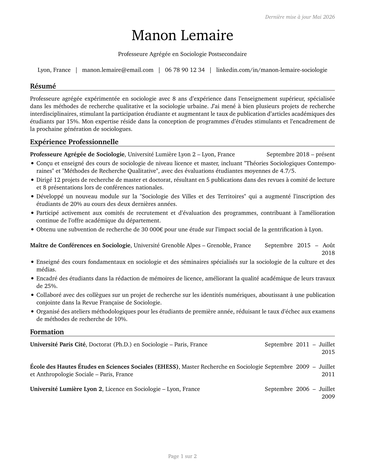 Sociology Teachers, Postsecondary CV in French — page 1