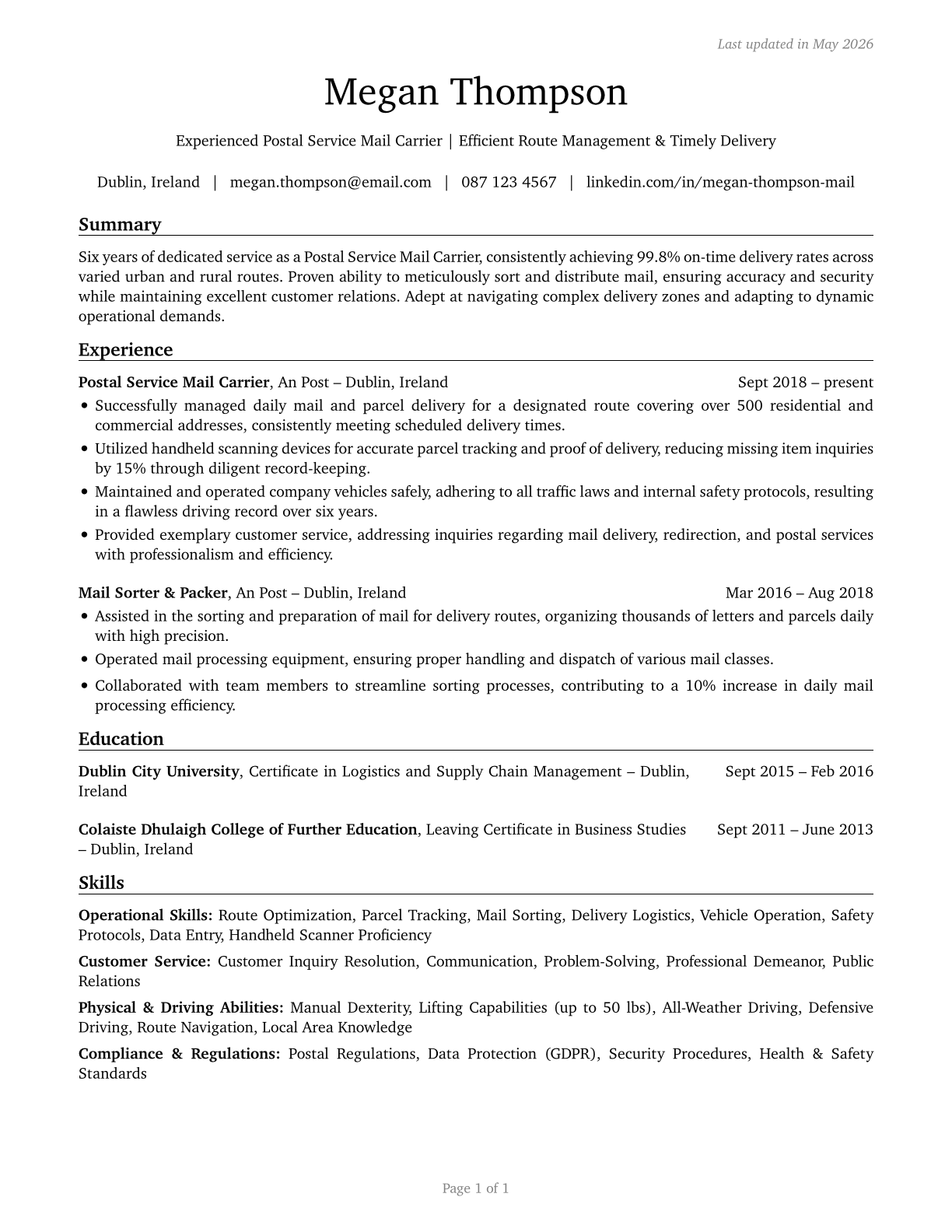 Postal Service Mail Carriers CV in English — page 1