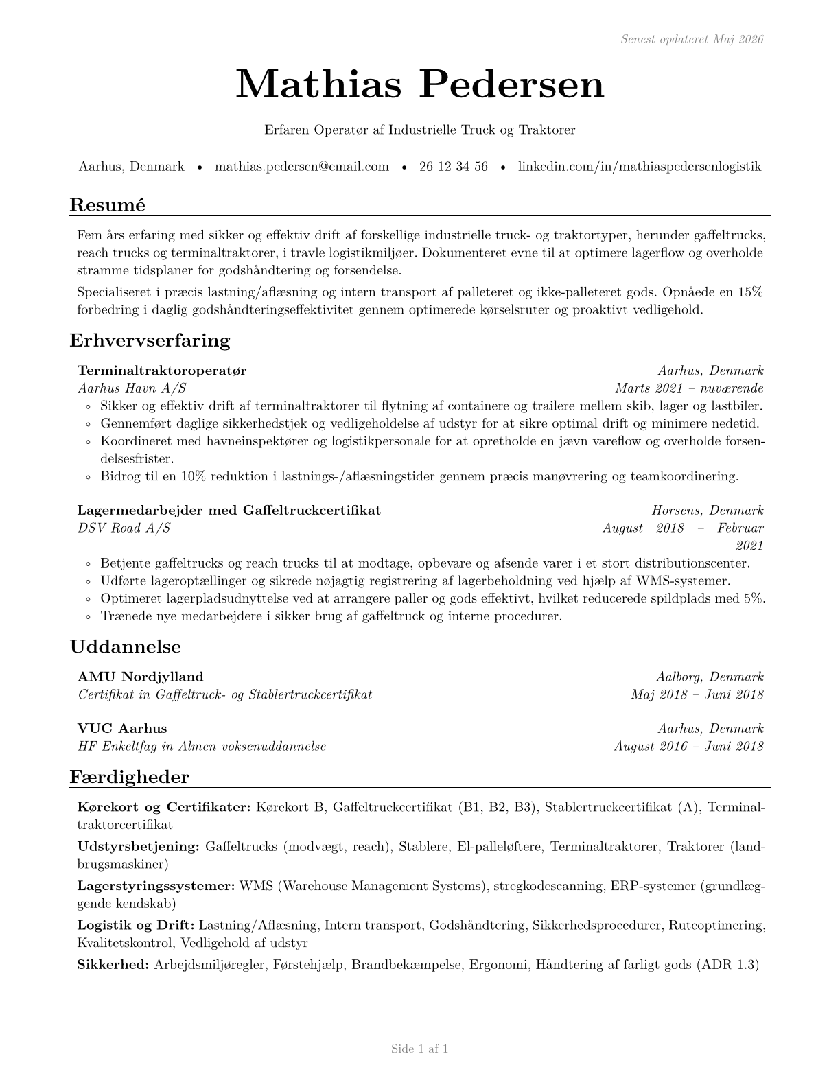 Industrial Truck and Tractor Operators CV in Danish — page 1