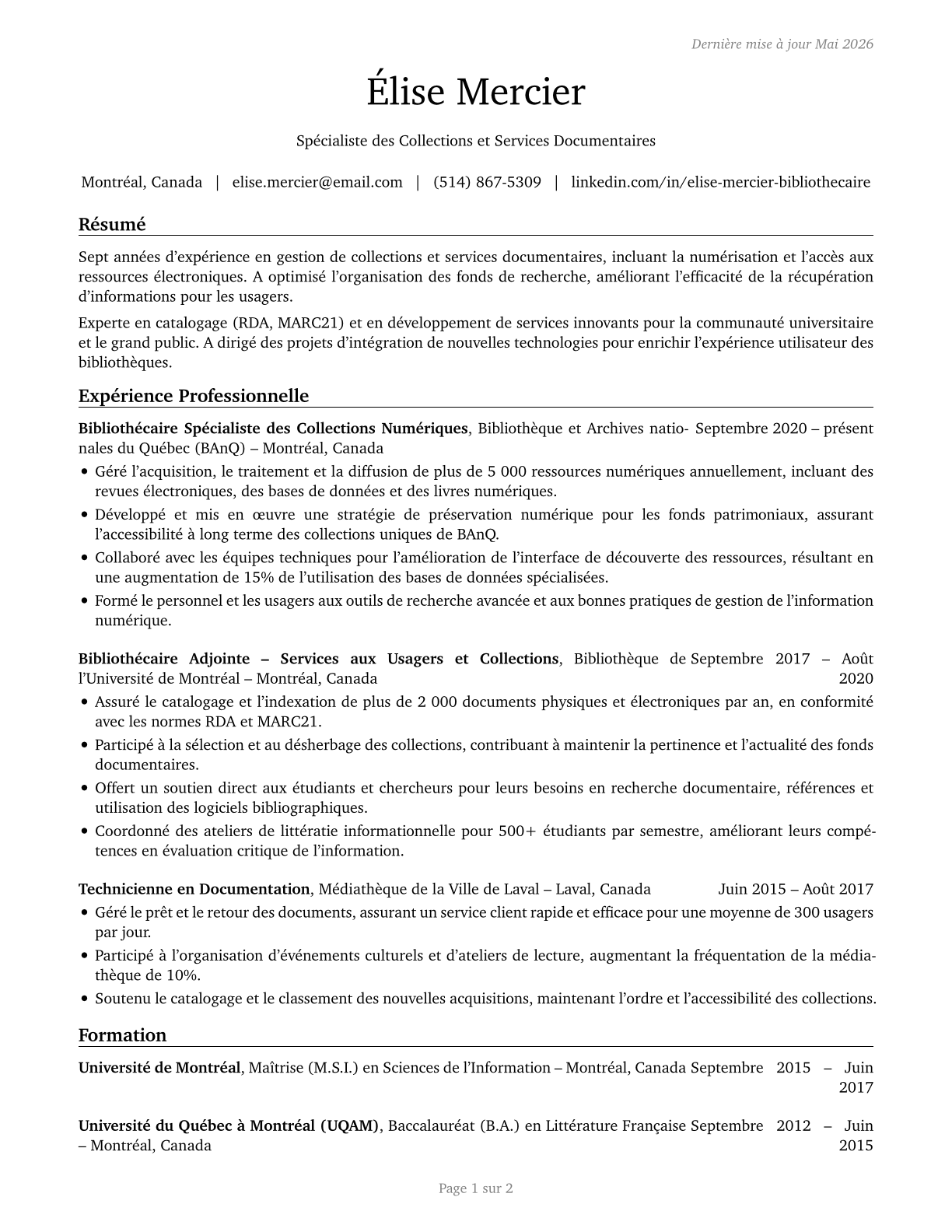 Librarians and Media Collections Specialists CV in French — page 1
