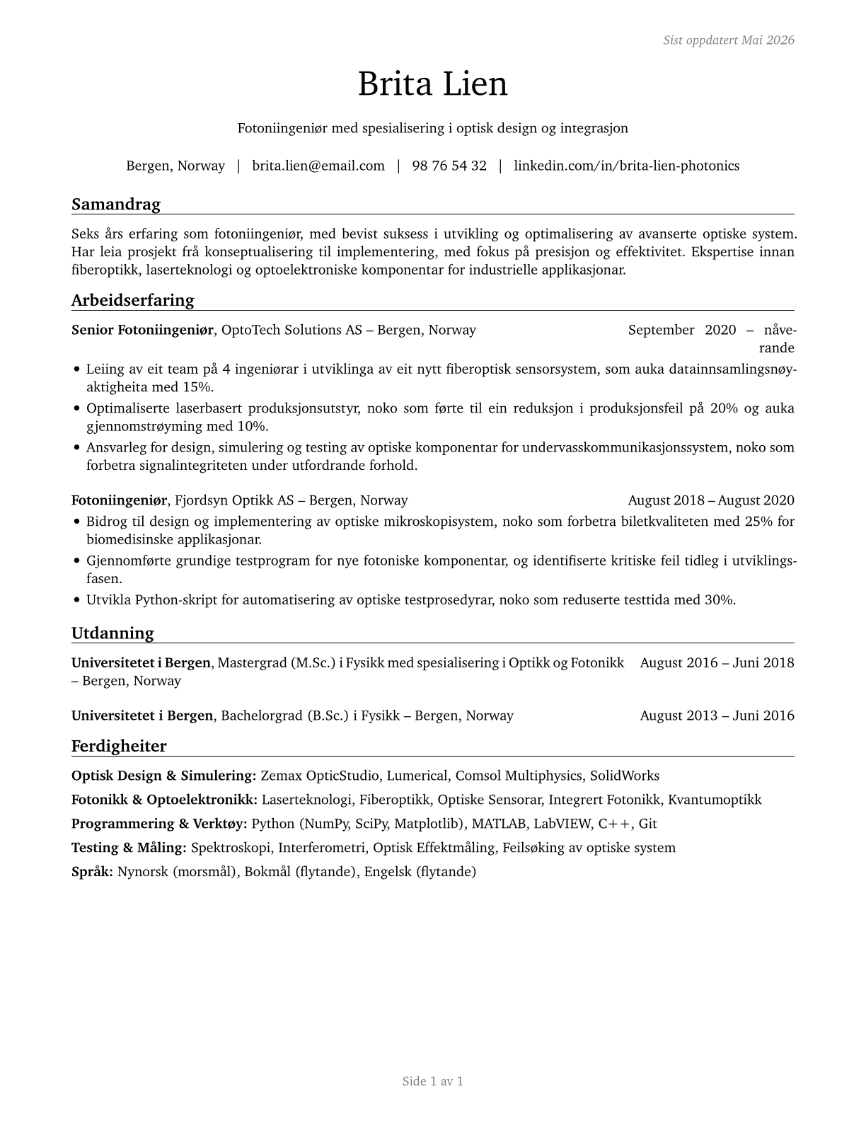 Photonics Engineers CV in Norwegian_nynorsk — page 1