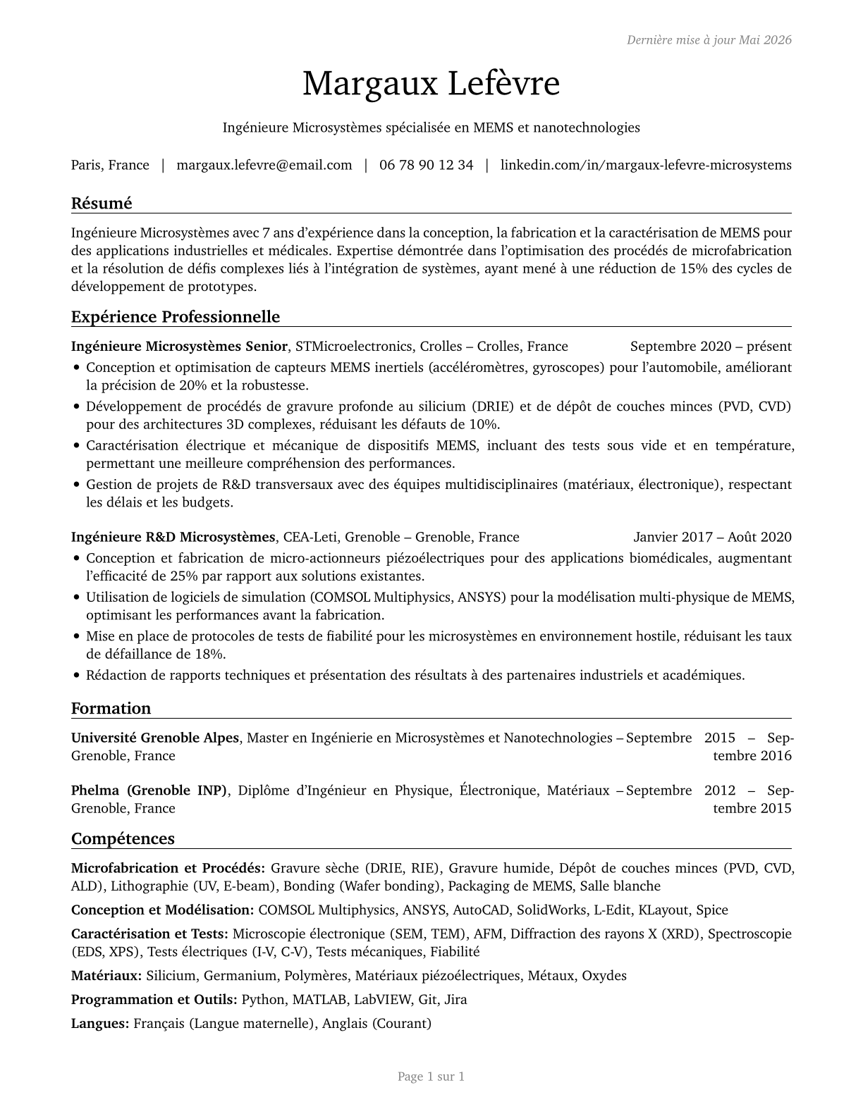 Microsystems Engineers CV in French — page 1